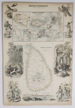 Original Antique Decorative Map of Sri Lanka, Singapore etc. Fullarton, C.1870