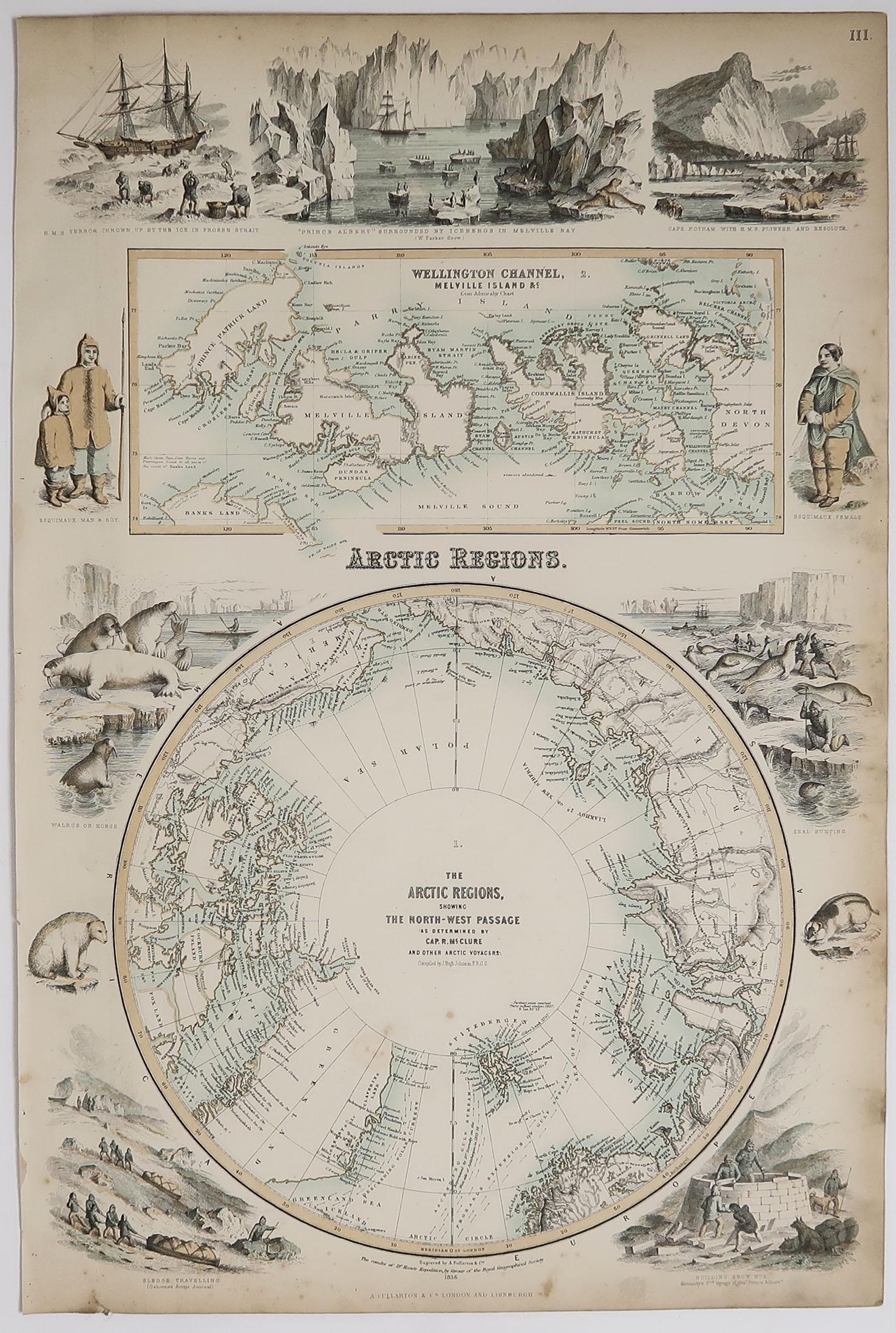 Great map of the Arctic Region

Wonderful figural border

From the celebrated Royal Illustrated Atlas

Lithograph. Original color. 

Published by Fullarton, Edinburgh, C.1870

Unframed.

Repair to a minor edge tear bottom