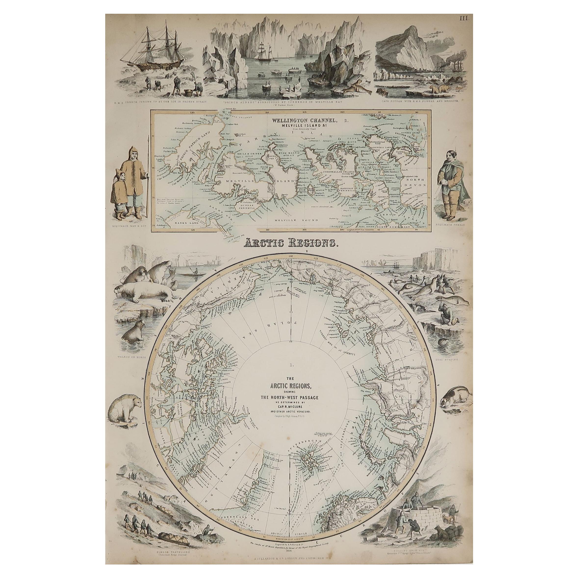 Original Antique Decorative Map of The Arctic, Fullarton, C.1870