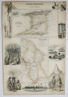 Original Antique Decorative Map of Trinidad & Guyana, Fullarton, C.1870