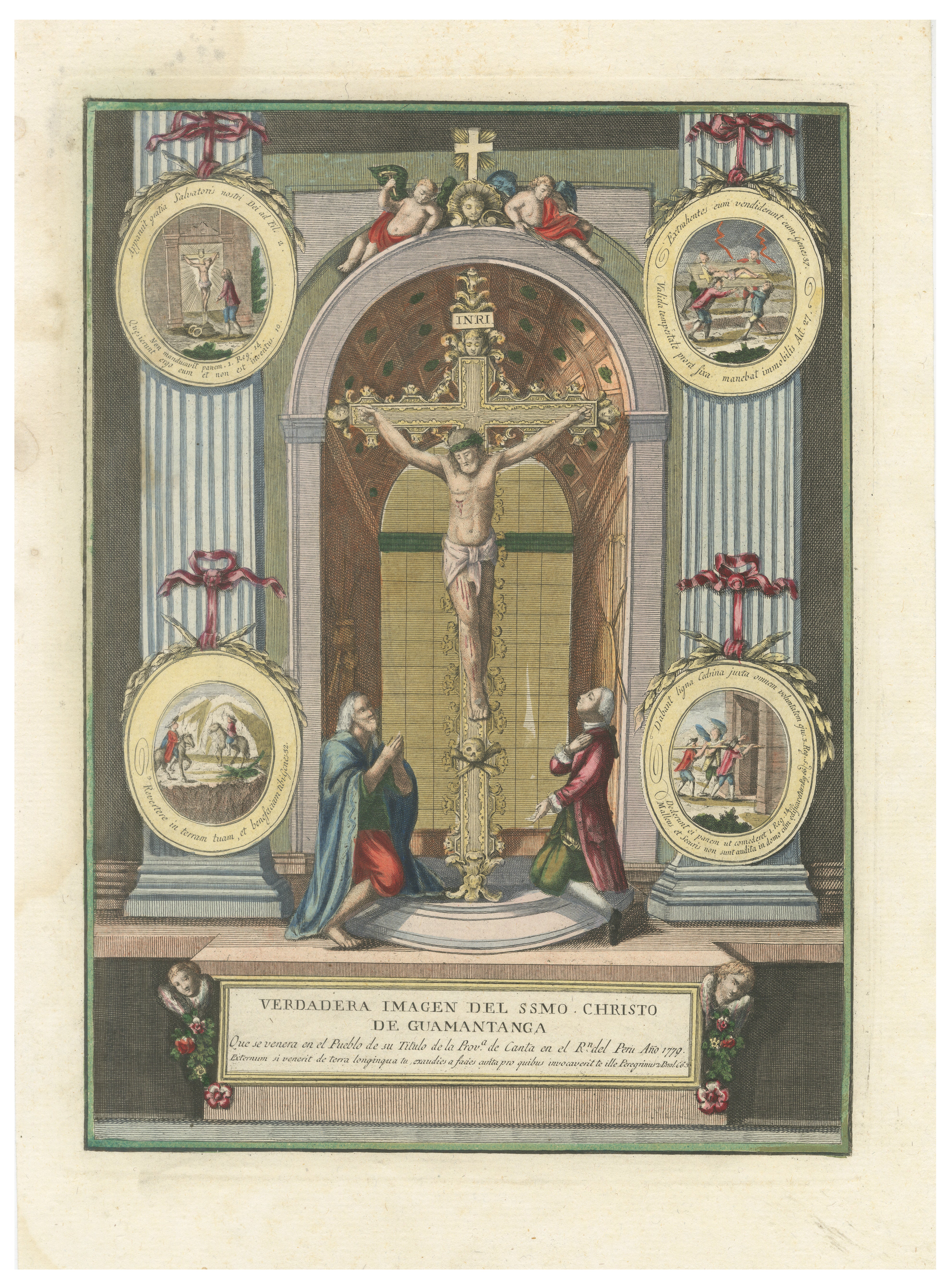Stampa devozionale antica originale raffigurante il Cristo di Guamantanga, Perù, 1779