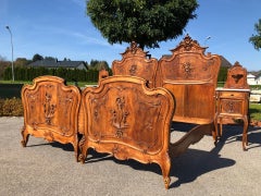 Original Antique Double Bed with Nightstands, Carved Details