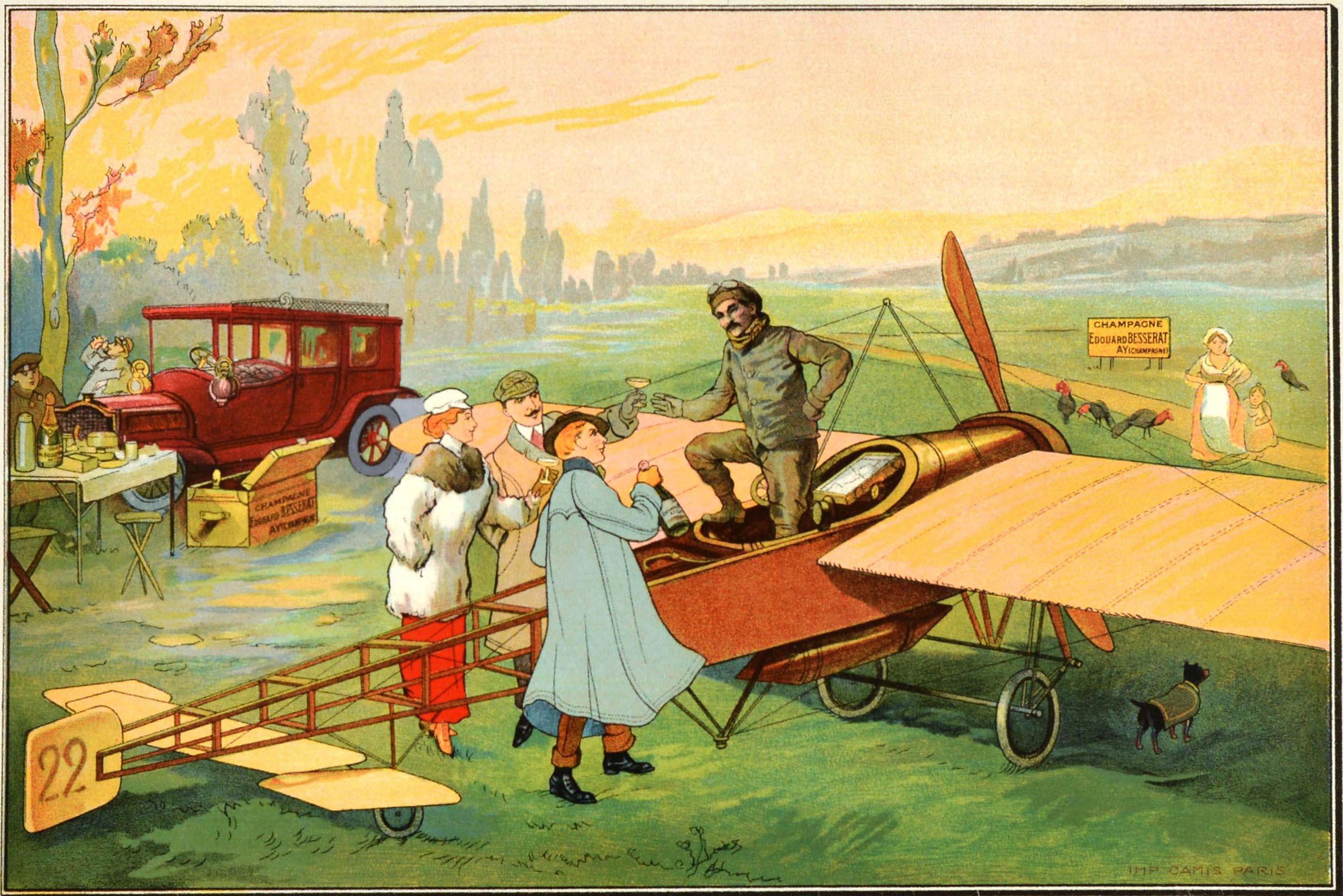 Original antique drink advertising poster for Champagne Edouard Besserat la bonne marque Ay (Champagne), featuring an illustration of an early monoplane showing the pilot enjoying a glass of champagne with a group of people in the countryside, a