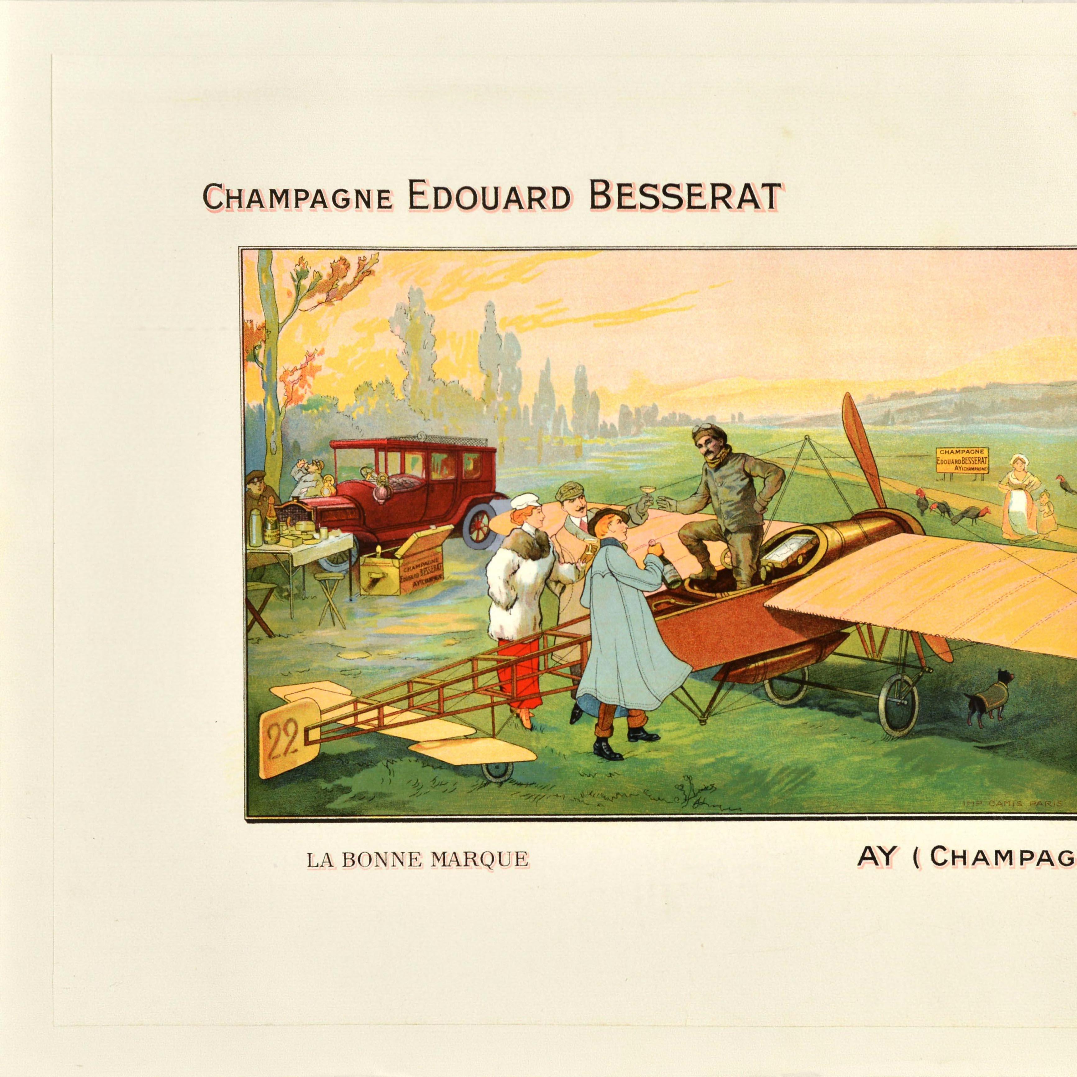 French Original Antique Drink Advertising Poster Champagne Edouard Besserat Plane Pilot For Sale