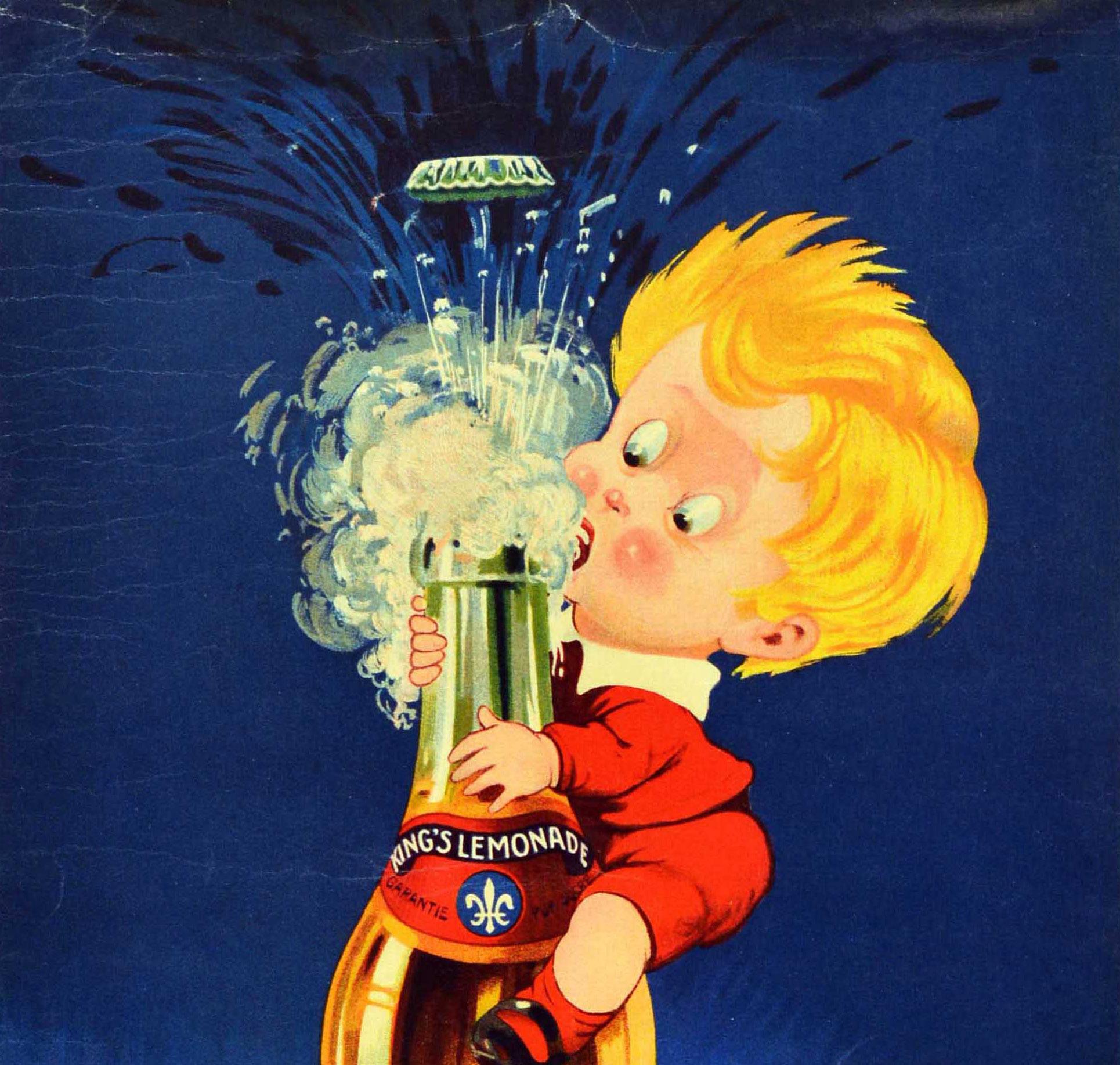 French Original Antique Drink Advertising Poster Kings Lemonade John Onwy Soda Pop For Sale