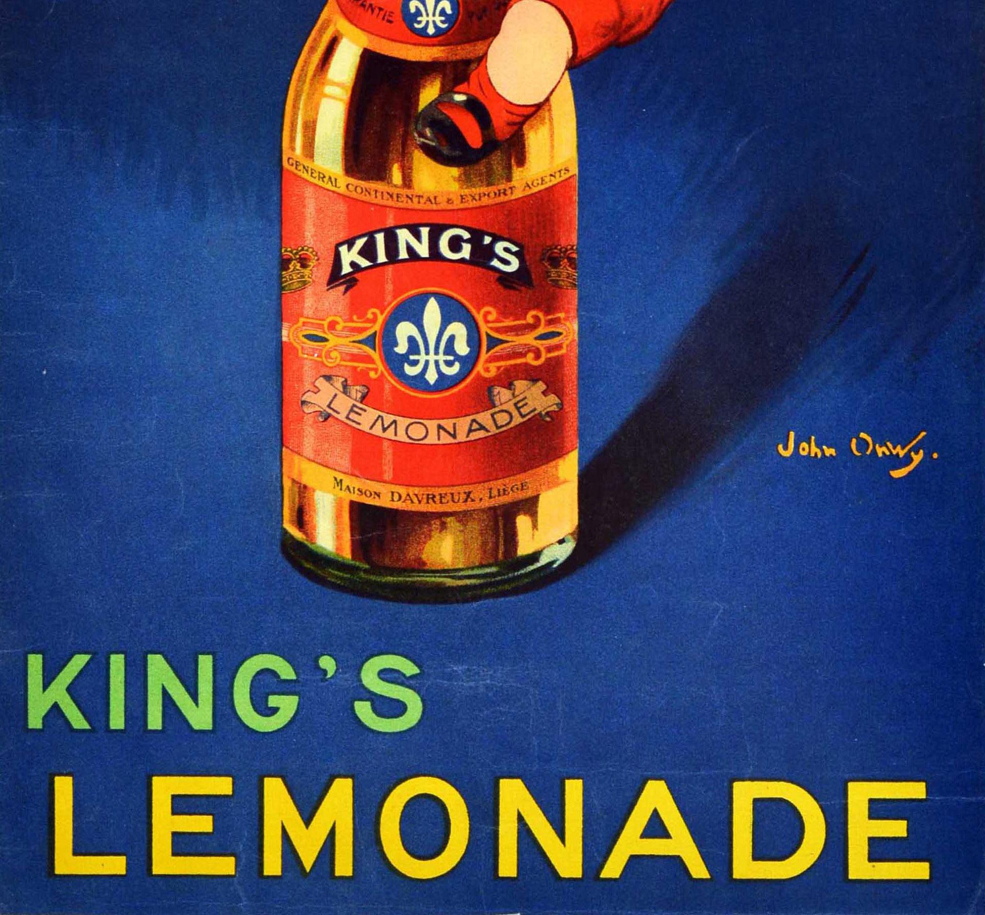 Original Antique Drink Advertising Poster Kings Lemonade John Onwy Soda Pop In Good Condition For Sale In London, GB