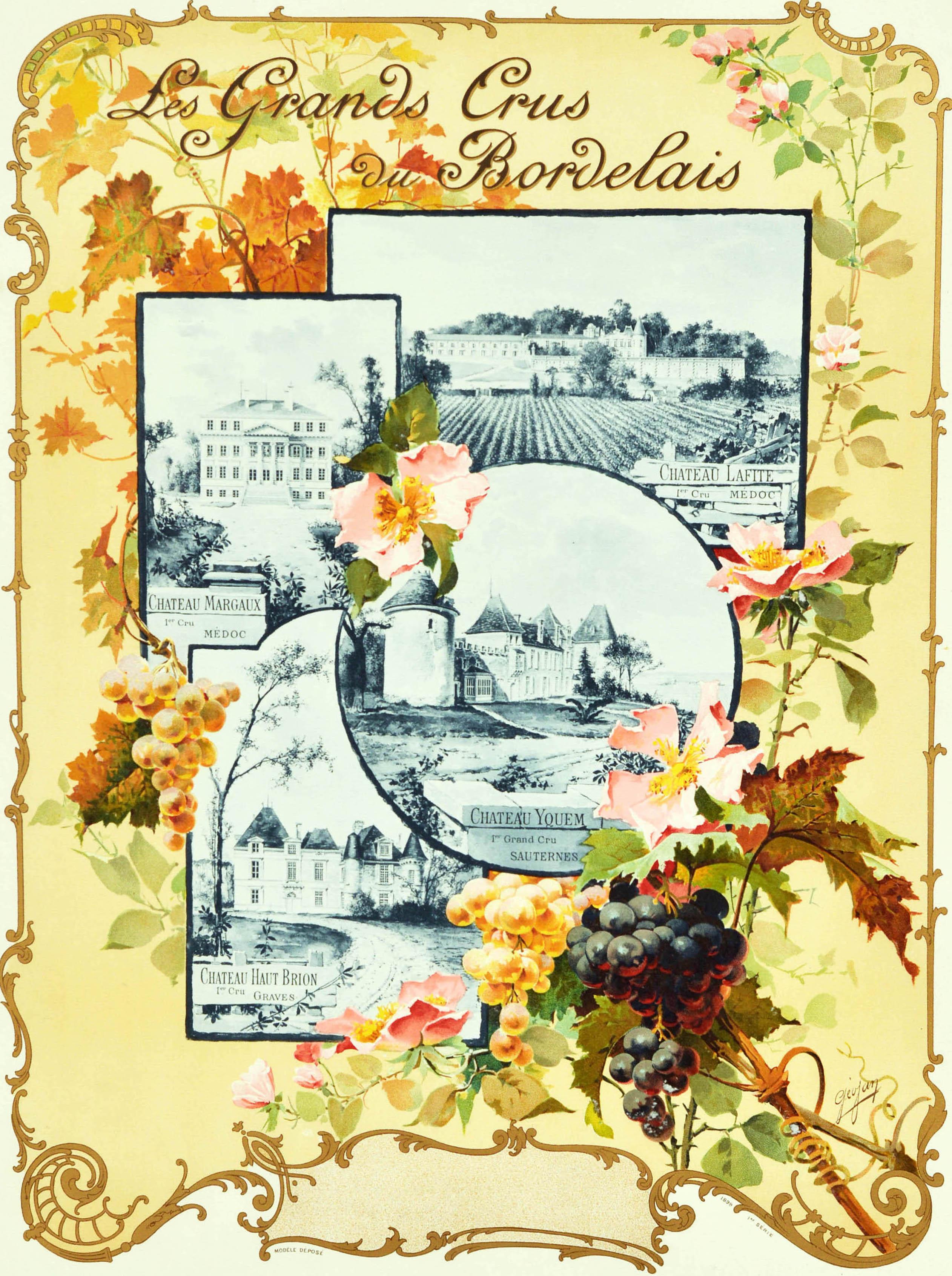 Original antique drink advertising poster for The Bordeaux Grands Crus / Les Grands Crus du Bordelais featuring black and white views of the Chateau Lafite Medoc vineyard, Chateau Margaux Medoc wine growing estate, Chateau Yquem Sauternes and