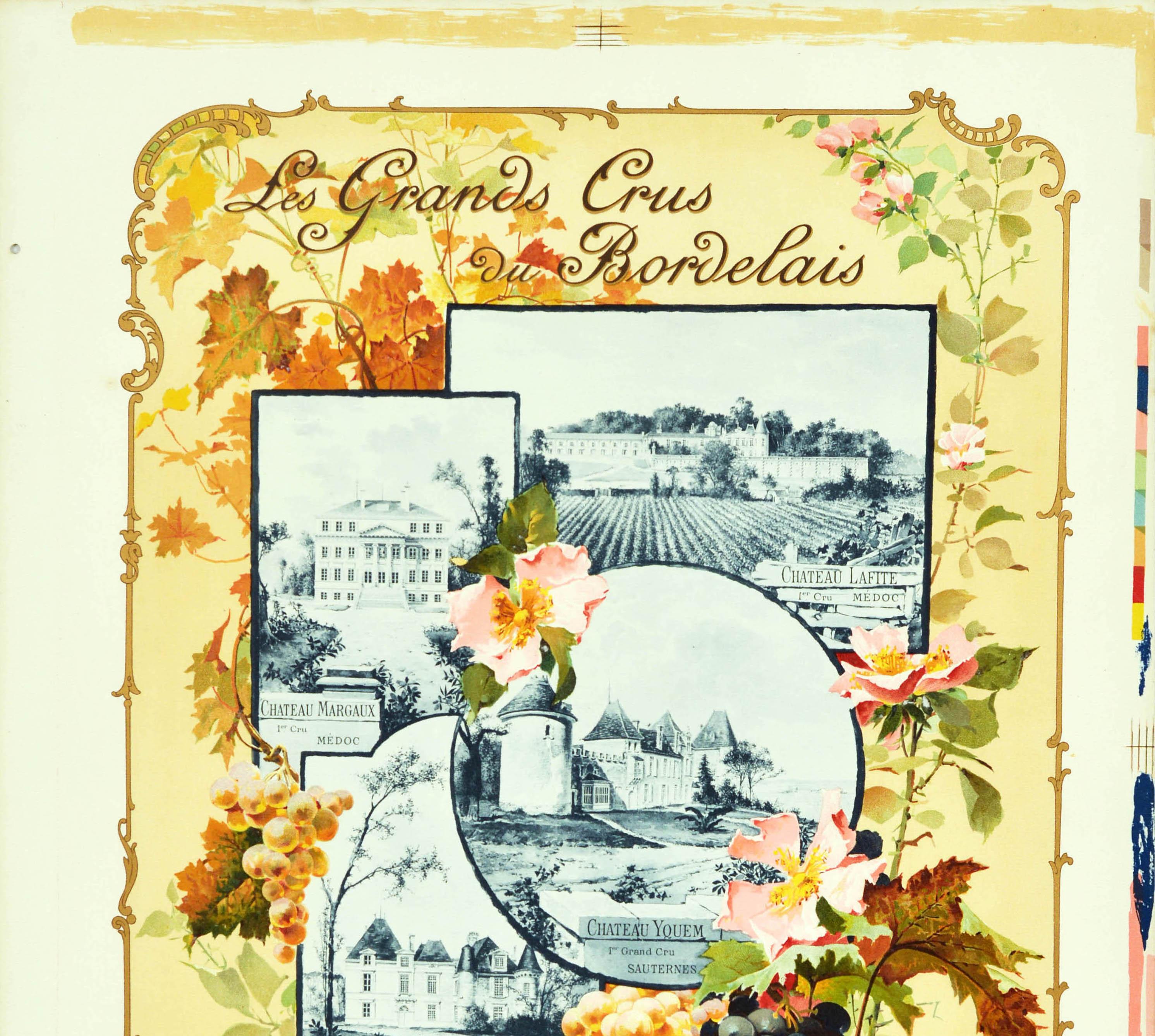 French Original Antique Drink Advertising Poster Les Grands Crus Du Bordelais Wine Art