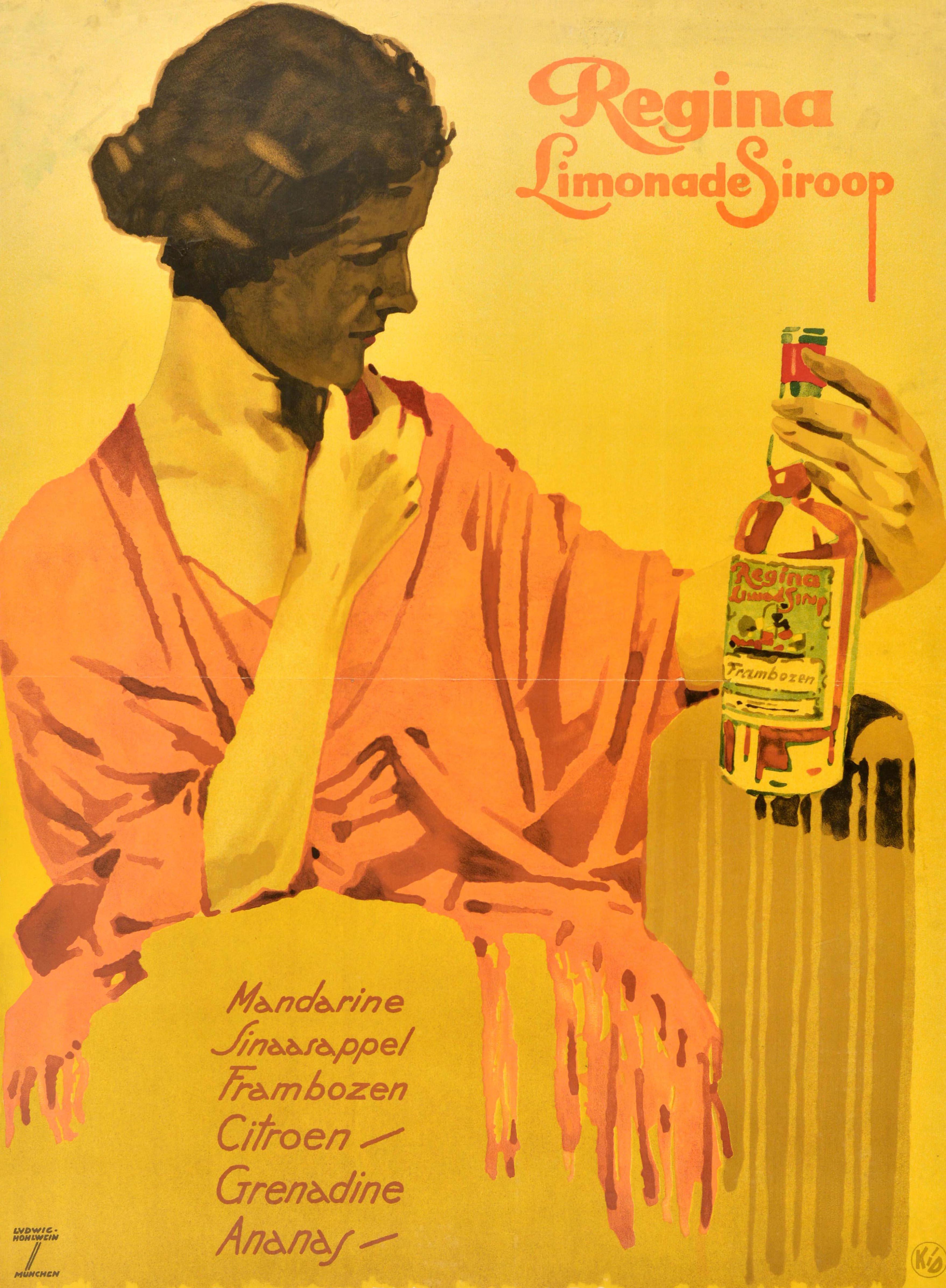 Originales antikes Getränke-Werbeplakat für Regina Limonade Siroop mit einem Kunstwerk des bekannten deutschen Plakatkünstlers Ludwig Hohlwein (1874-1949), das eine Dame zeigt, die eine Limonadenflasche mit Himbeergeschmack betrachtet, mit den unten