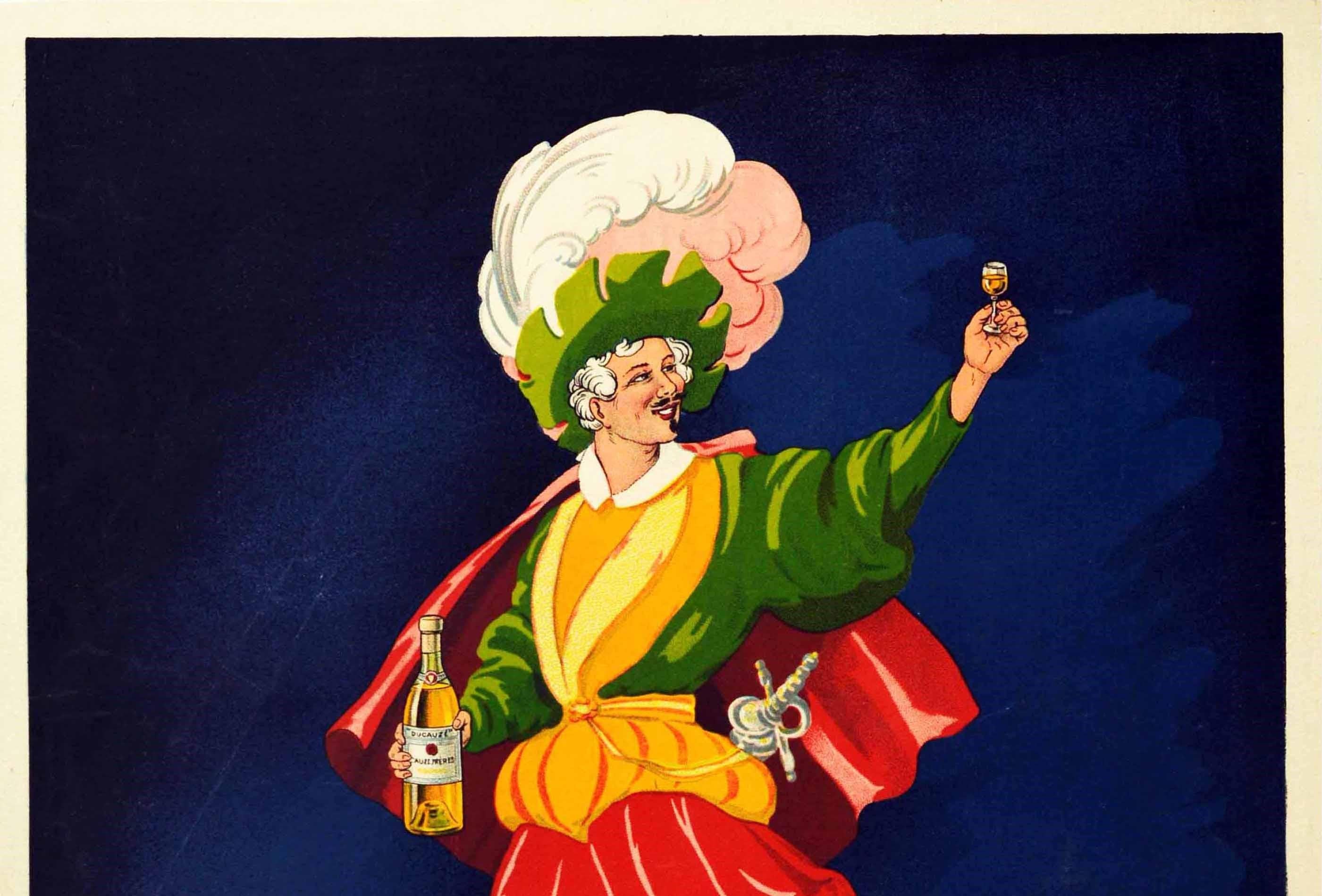 Original antique drink advertising poster for Cognac Ducauze Fama A Base De Calidad / Fame Based On Quality featuring a vibrant and fun design of a smiling man in pirate or musketeer style clothing in a green and yellow jacket with a red cape over