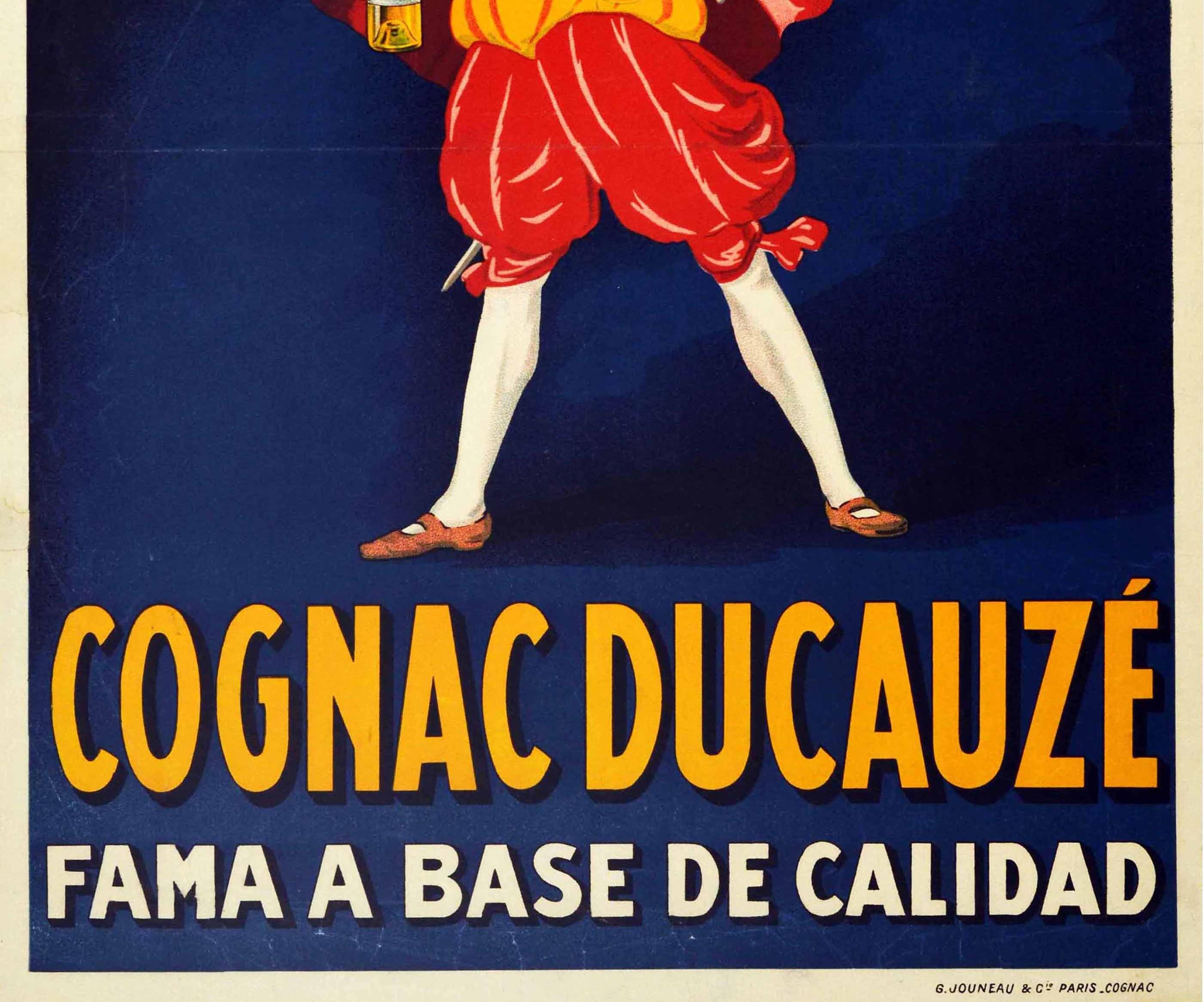 French Original Antique Drink Poster Cognac Ducauze Fama A Base De Calidad Fame Quality For Sale