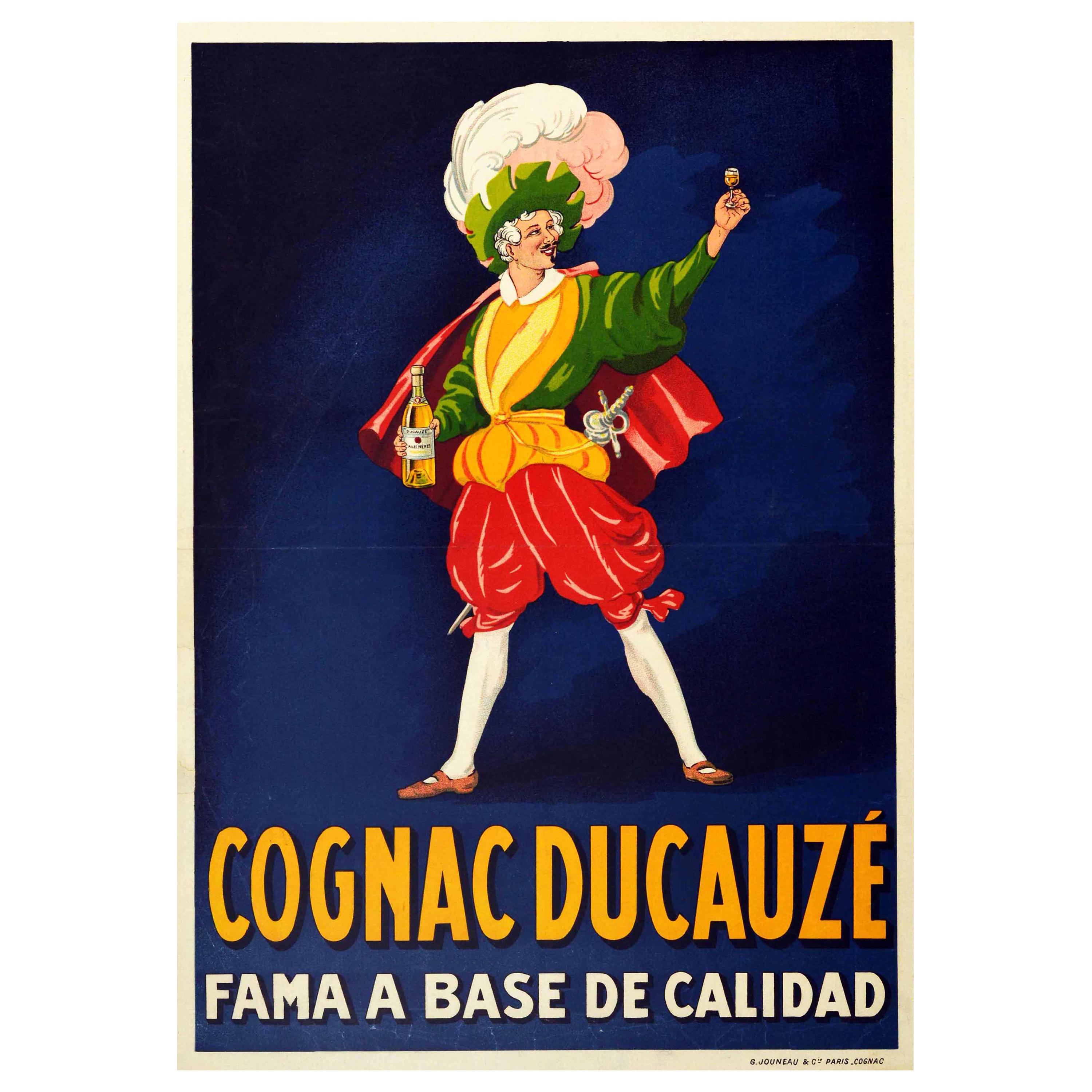 Original Antique Drink Poster Cognac Ducauze Fama A Base De Calidad Fame Quality For Sale
