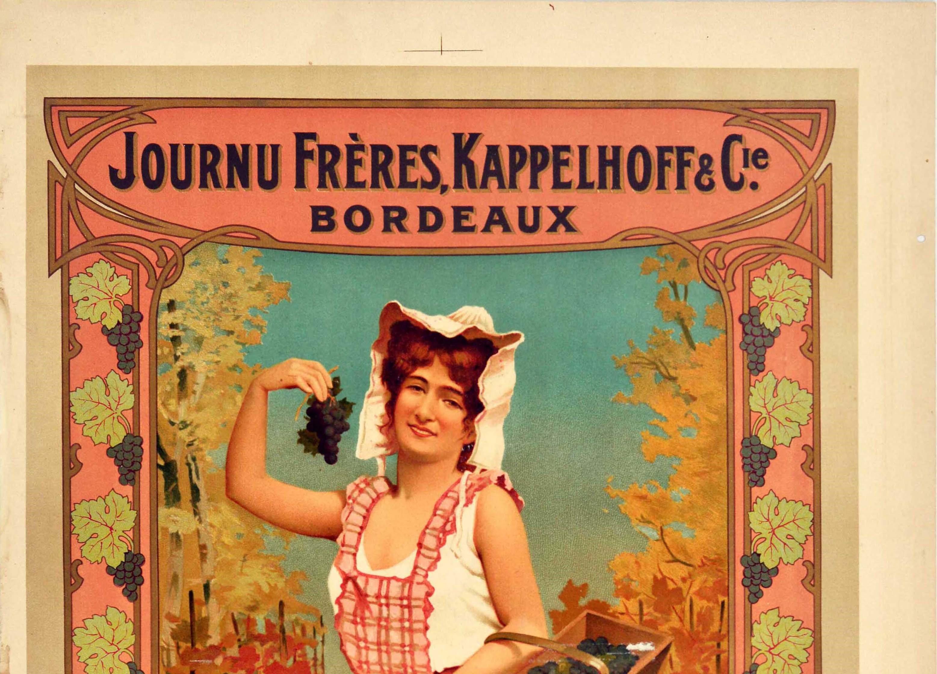 Affiche publicitaire originale et ancienne pour les boissons Journu Freres, Kappelhoff & Cie. Vin de Bordeaux présentant une image colorée d'une vendangeuse souriante tenant un panier de raisins et une grappe dans sa main pour montrer au spectateur,