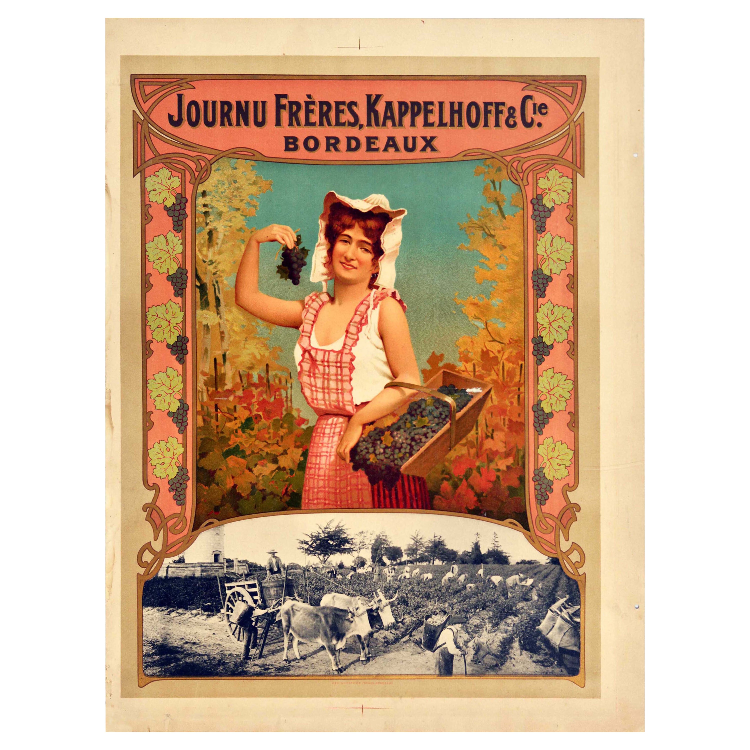 Poster antico originale per Journu Freres Kappelhoff Bordeaux Vino Francia