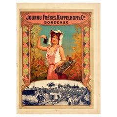 Original Antique Drink Poster For Journu Freres Kappelhoff Bordeaux Wine France
