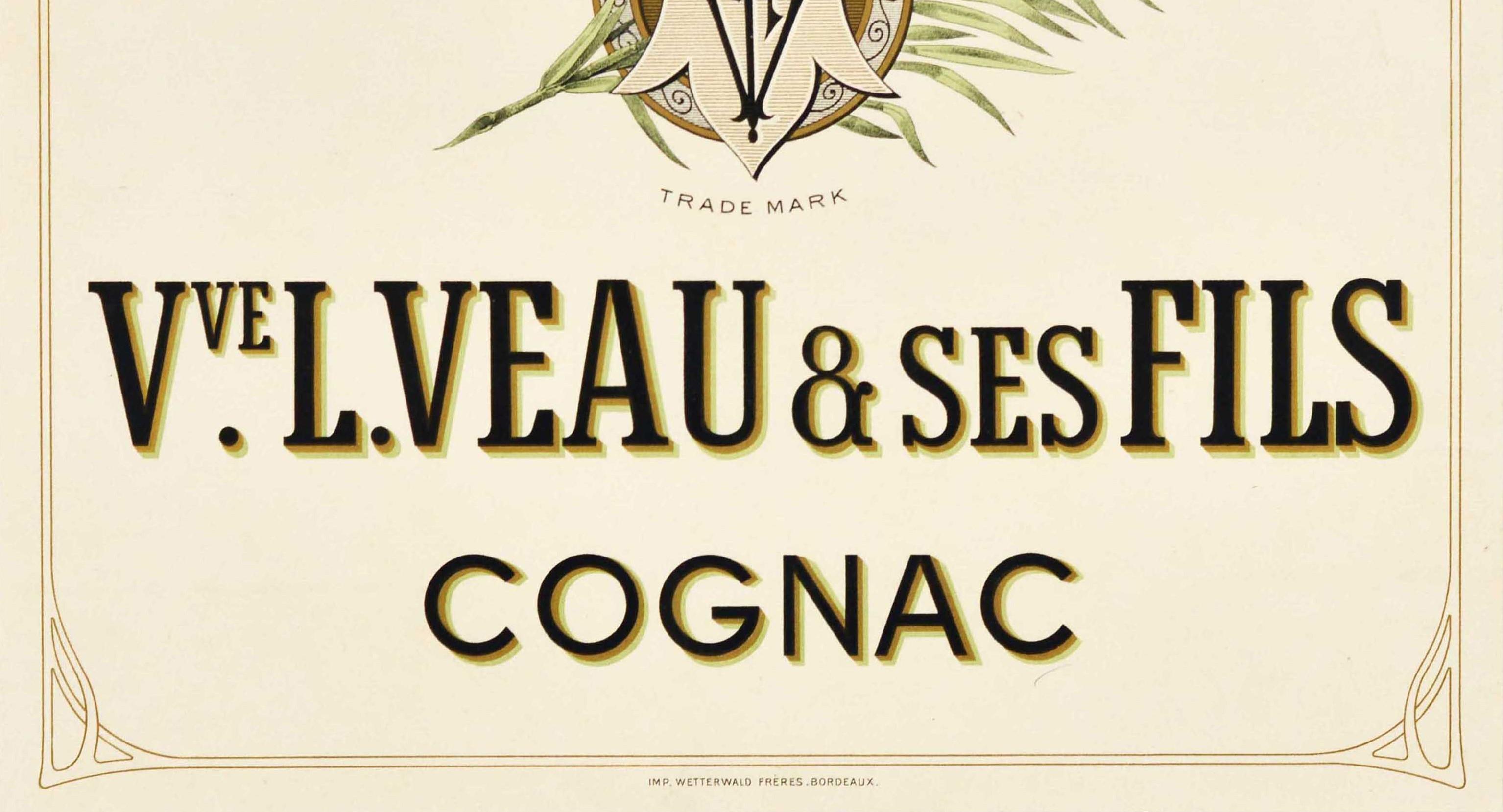 French Original Antique Drink Poster For Veuve L. Veau & Ses Fils Cognac Brandy France