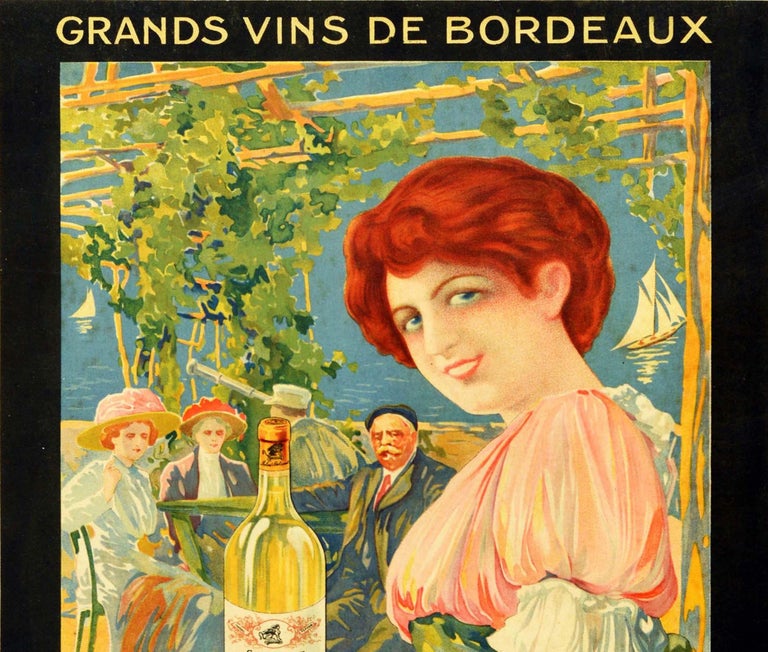 Original antique drink advertising poster for Grands Vins de Bordeaux Robert Behrend & Cie. featuring a great Belle Epoque design by David Dellepiane (1866-1932) of a young lady looking towards the viewer while carrying glasses and a bottle of