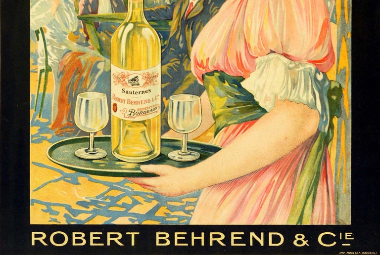Belle Époque Original Antique Drink Poster Grand Vins De Bordeaux French Wine Sailing Boats