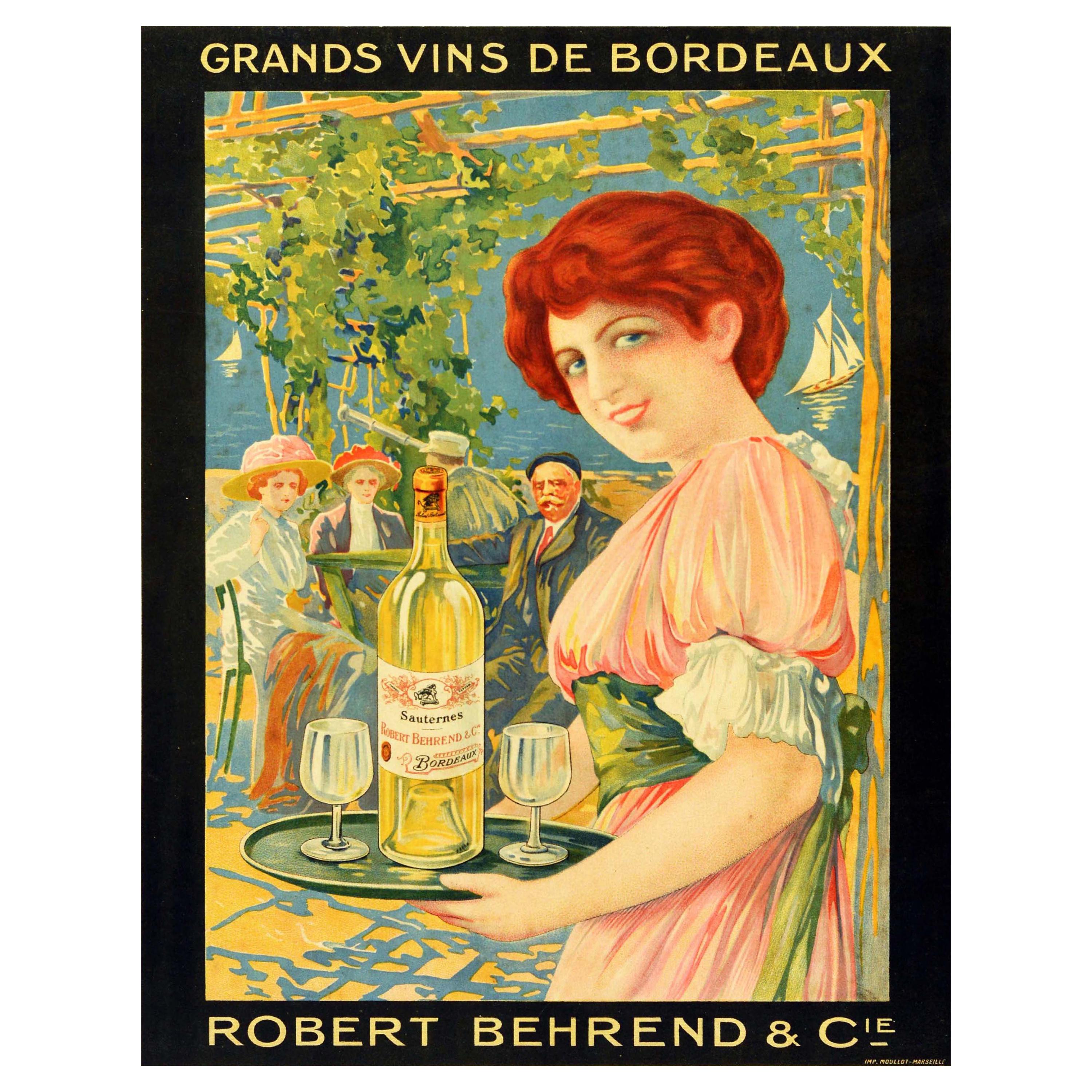 Original Antique Drink Poster Grand Vins De Bordeaux French Wine Sailing Boats