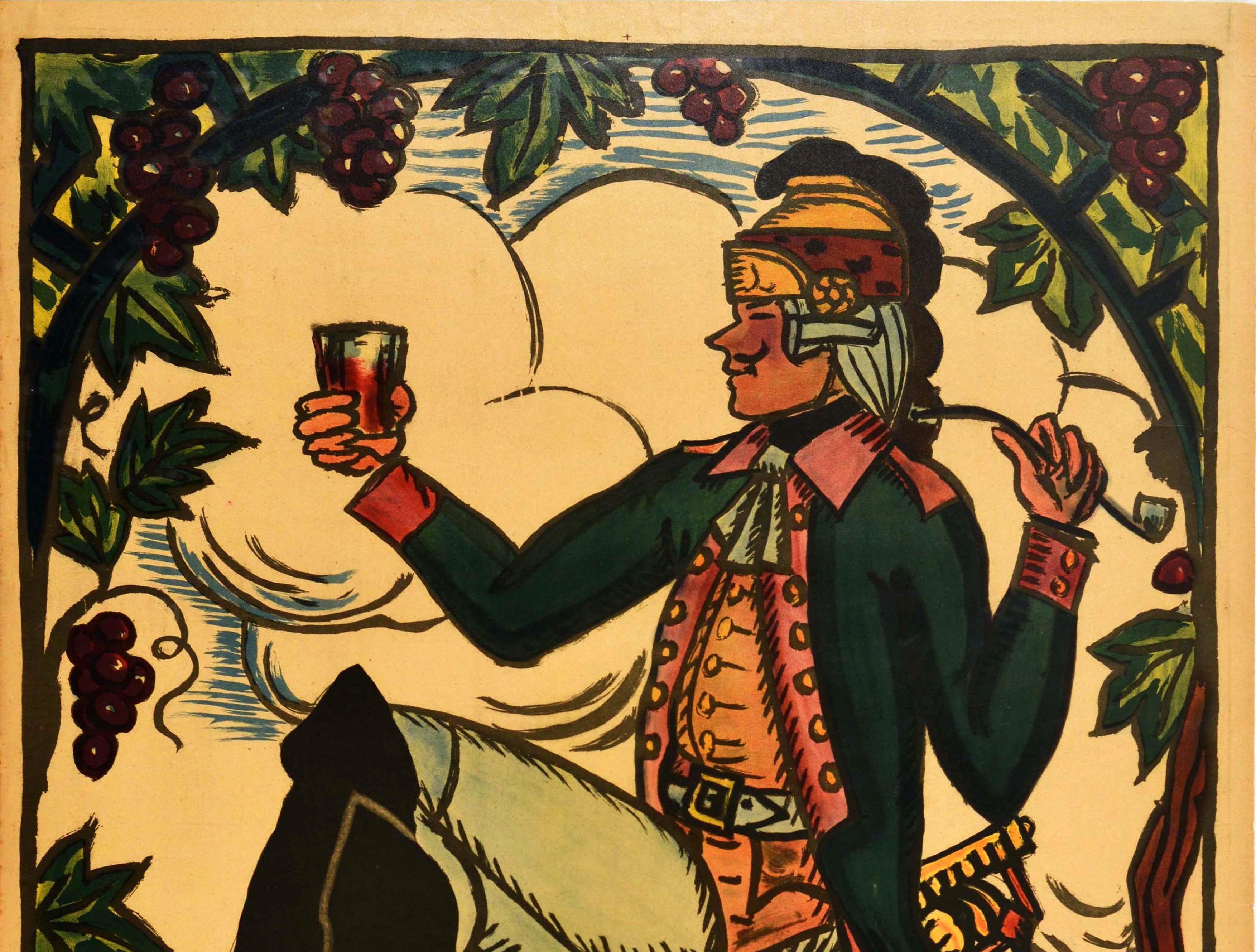 Affiche publicitaire originale pour les Vins de Bourgogne d'Henri de Bahezre / Les Vins de Bourgogne de Henri de Bahezre avec une superbe illustration de Guy Arnoux (1886-1951) représentant un homme élégamment vêtu en uniforme militaire avec une