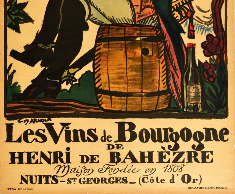 French Original Antique Drink Poster Henri De Bahezre Burgundy Wines Vins De Bourgogne For Sale