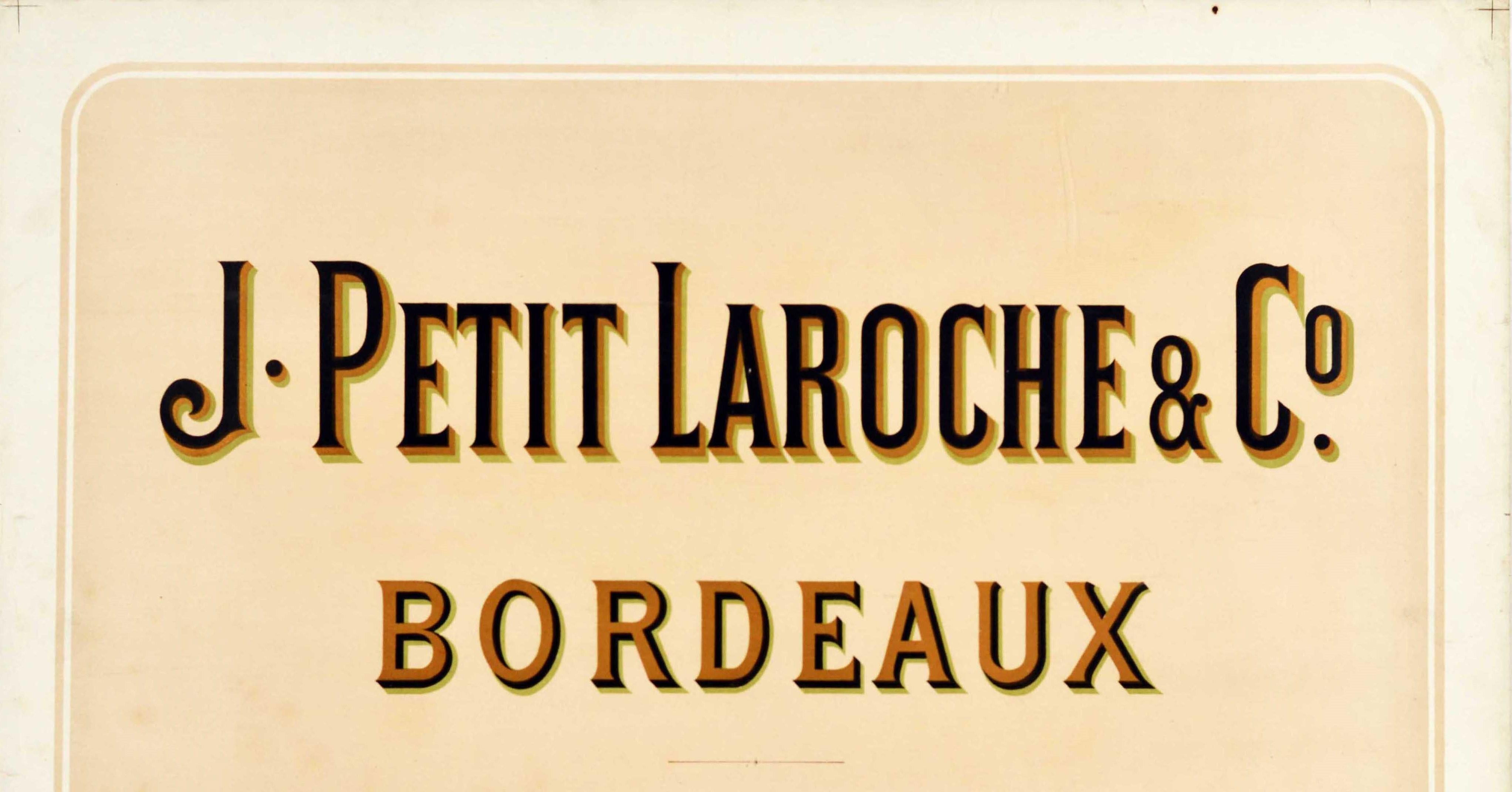 French Original Antique Drink Poster J. Petit Laroche & Co Bordeaux Wine France Medoc For Sale