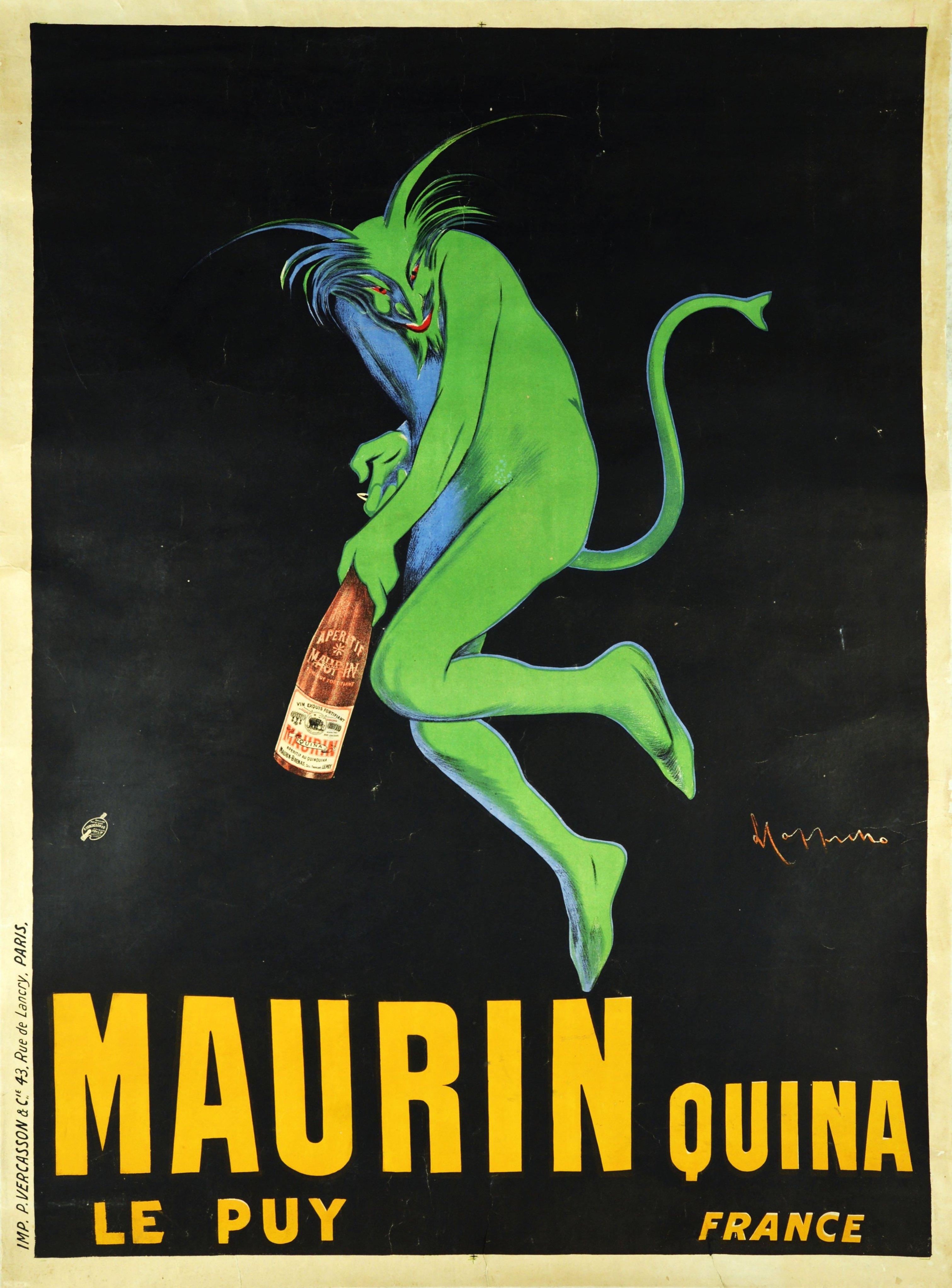 Original antique advertising poster for a flavoured quinine alcohol drink - Maurin Quina Le Puy - featuring an iconic design by the renowned poster artist Leonetto Cappiello (1875-1942) of a green devil sneakily opening a bottle of the French quina