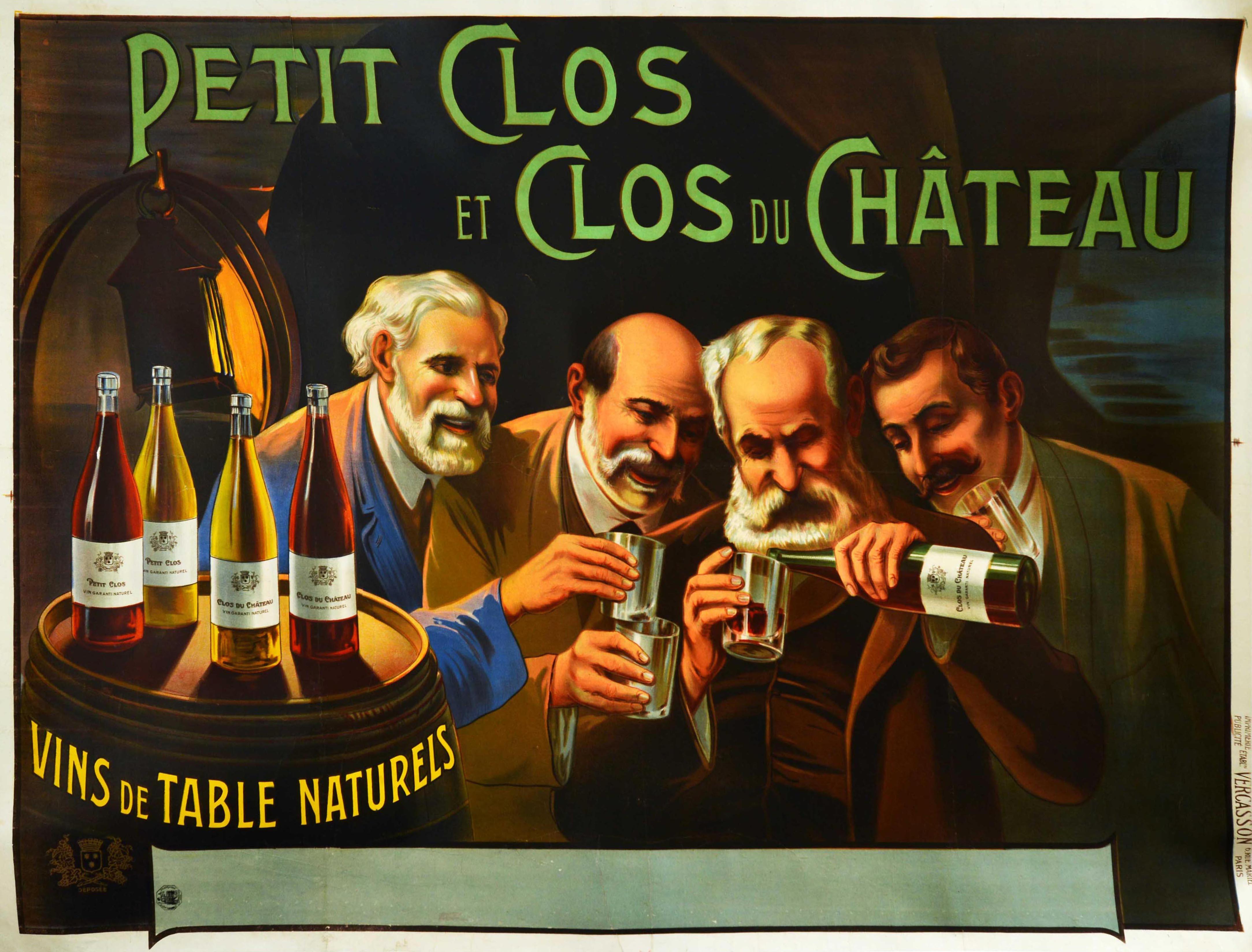 Original antique drink advertising poster for Petit Clos et Clos du Chateau wines featuring a bright and colourful illustration of four men with moustaches and beards in a wine cellar lit by a lantern, smiling while holding glasses and pouring Petit