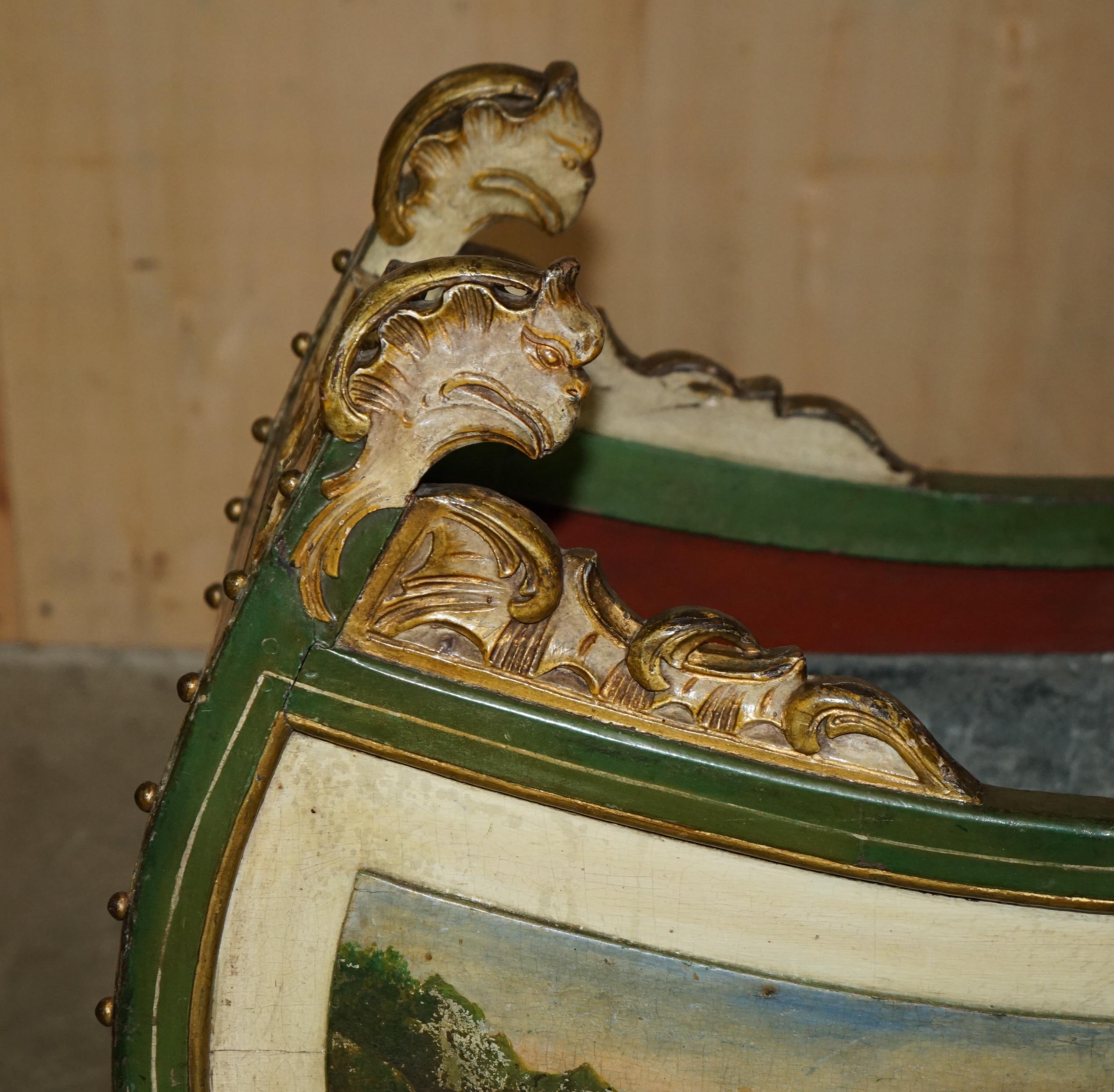 ORIGINAL ANTIQUE DUTCH HAND PAINTED & PARCEL GILT CHILDREN's SLEIGH ZINC LINED For Sale 2