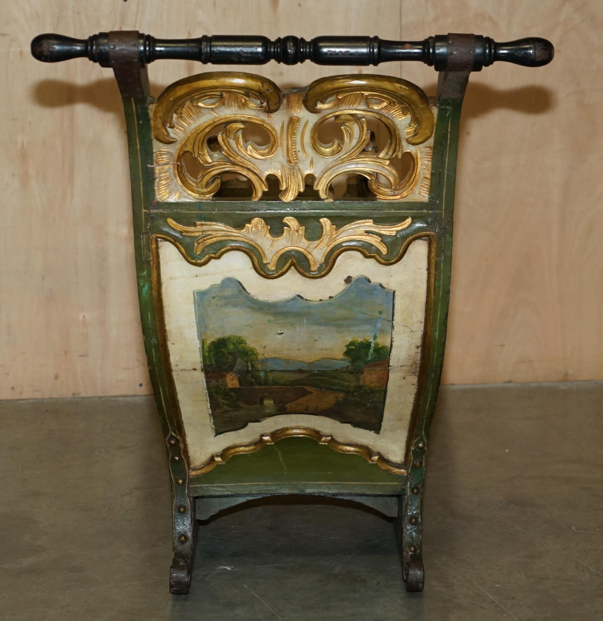 ORIGINAL ANTIQUE DUTCH HAND PAINTED & PARCEL GILT CHILDREN's SLEIGH ZINC LINED For Sale 3