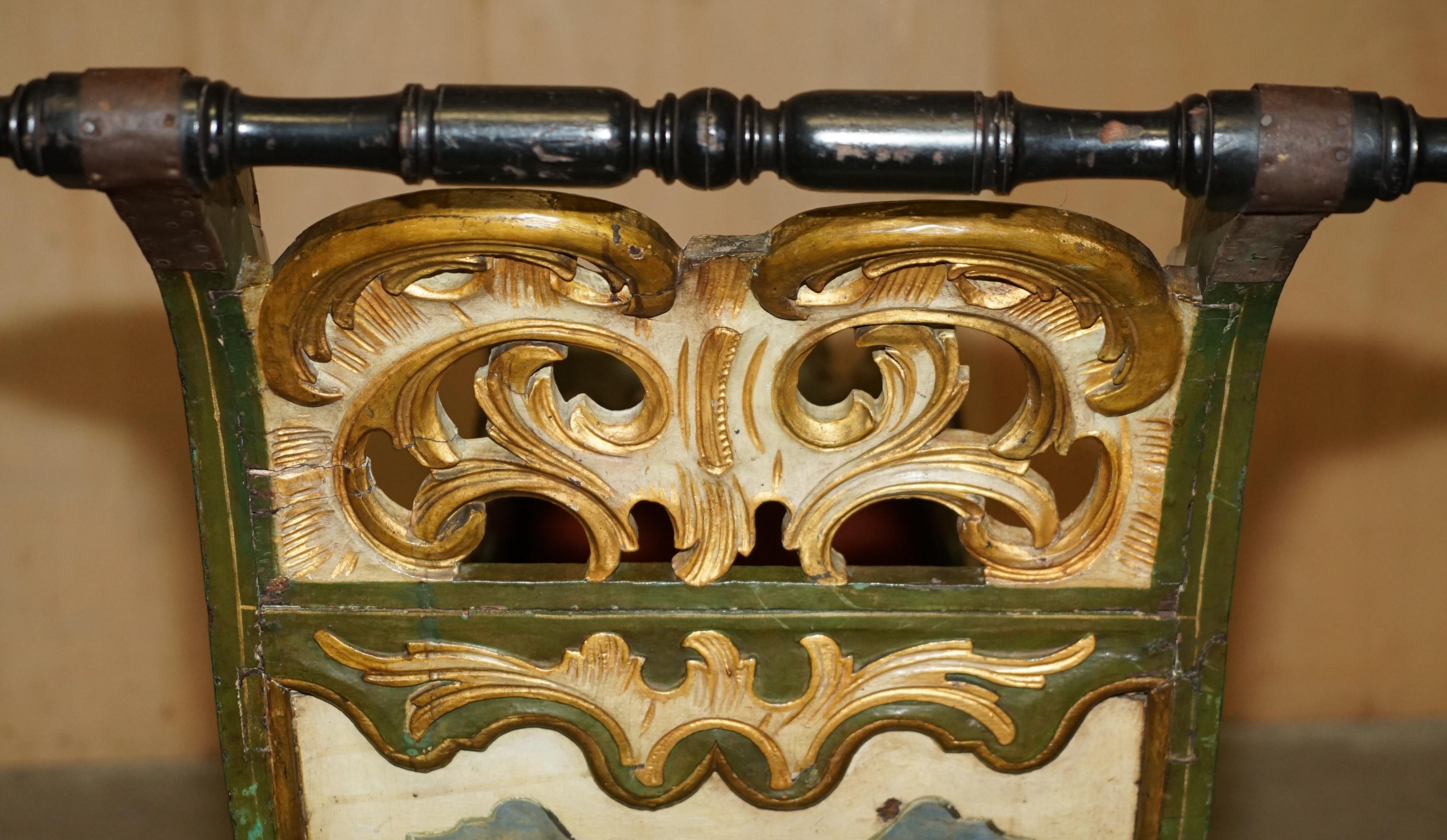 ORIGINAL ANTIQUE DUTCH HAND PAINTED & PARCEL GILT CHILDREN's SLEIGH ZINC LINED For Sale 5