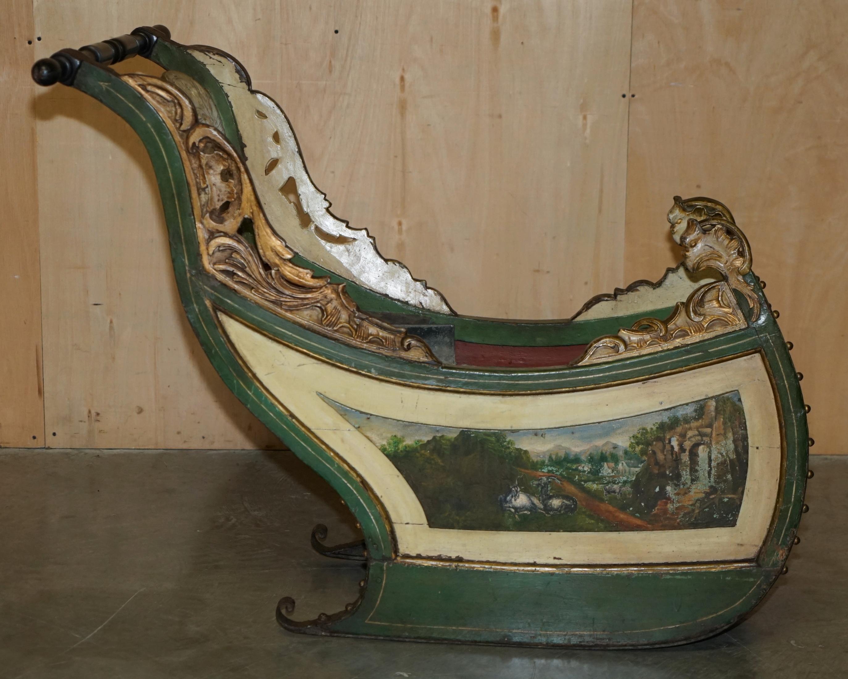 ORIGINAL ANTIQUE DUTCH HAND PAINTED & PARCEL GILT CHILDREN's SLEIGH ZINC LINED For Sale 6