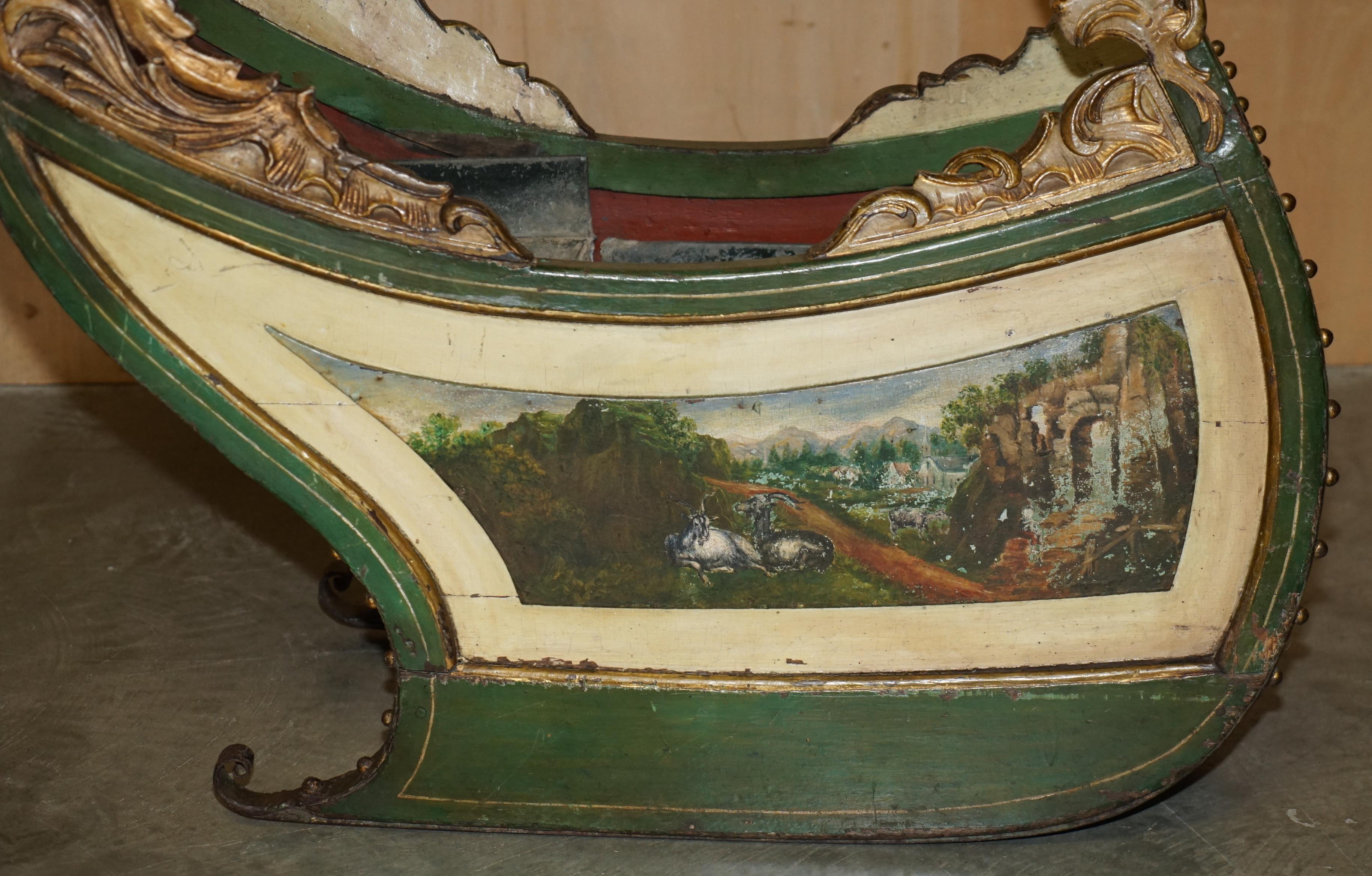 ORIGINAL ANTIQUE DUTCH HAND PAINTED & PARCEL GILT CHILDREN's SLEIGH ZINC LINED For Sale 7