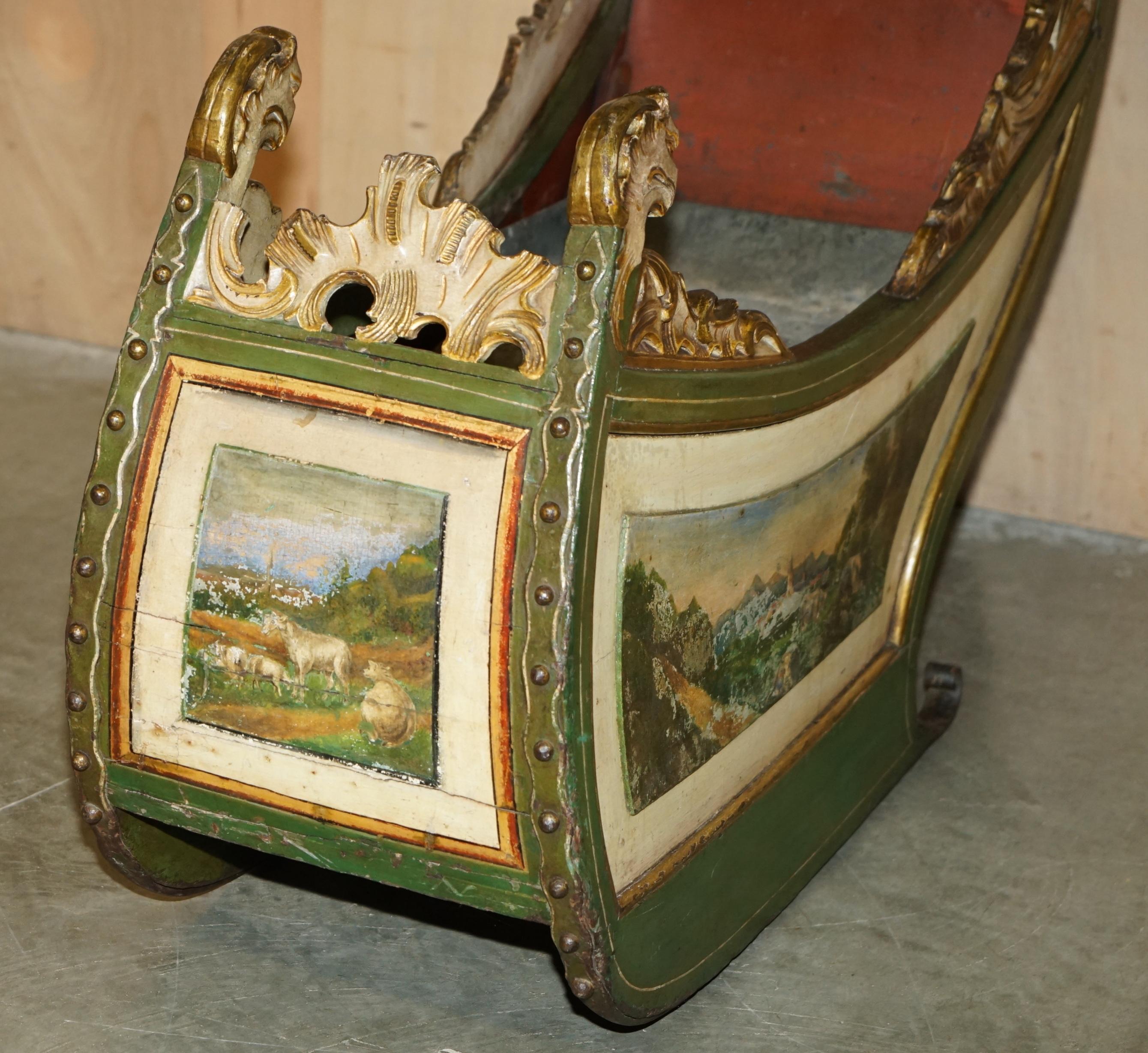 Folk Art ORIGINAL ANTIQUE DUTCH HAND PAINTED & PARCEL GILT CHILDREN's SLEIGH ZINC LINED For Sale