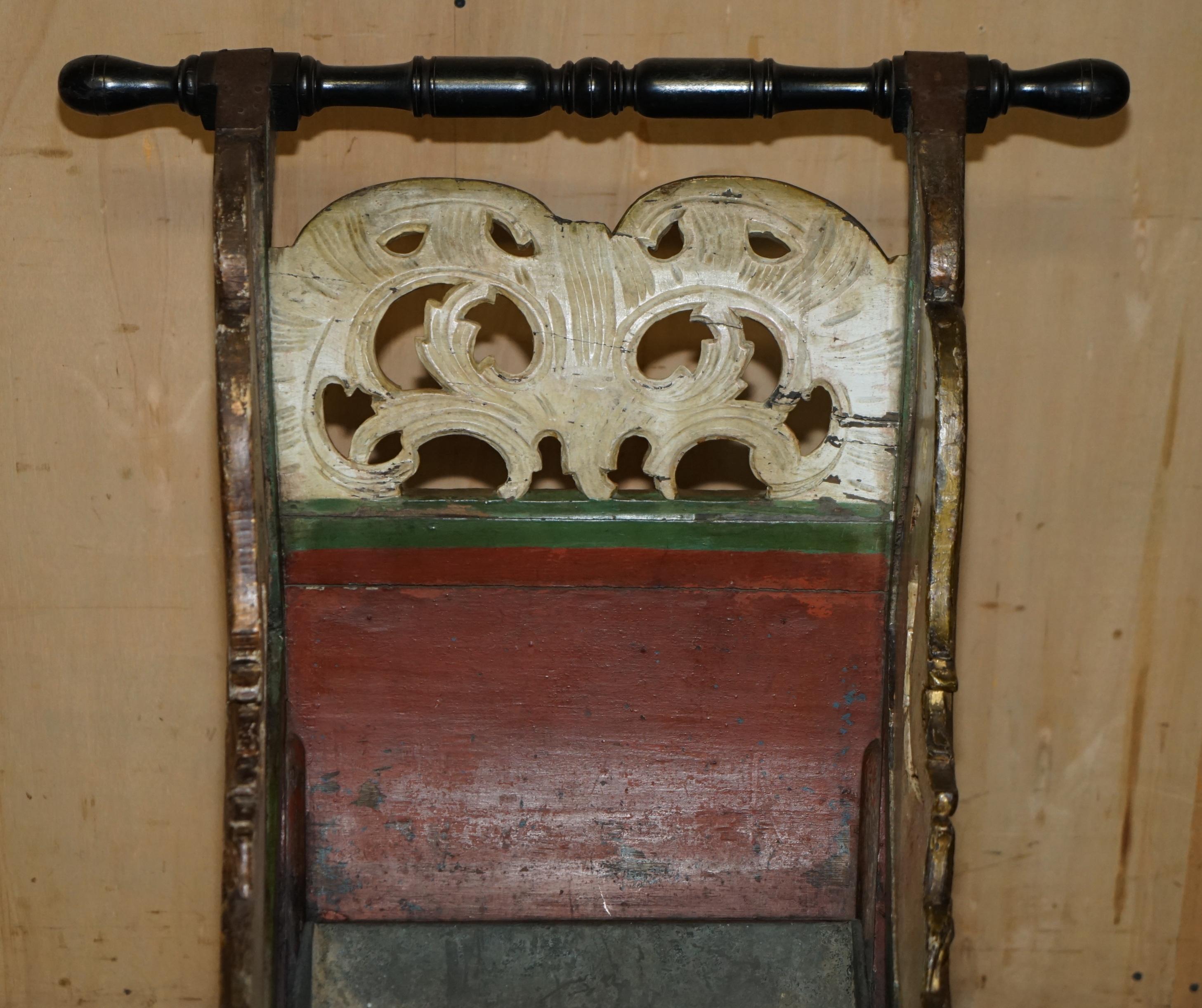 Hand-Painted ORIGINAL ANTIQUE DUTCH HAND PAINTED & PARCEL GILT CHILDREN's SLEIGH ZINC LINED For Sale