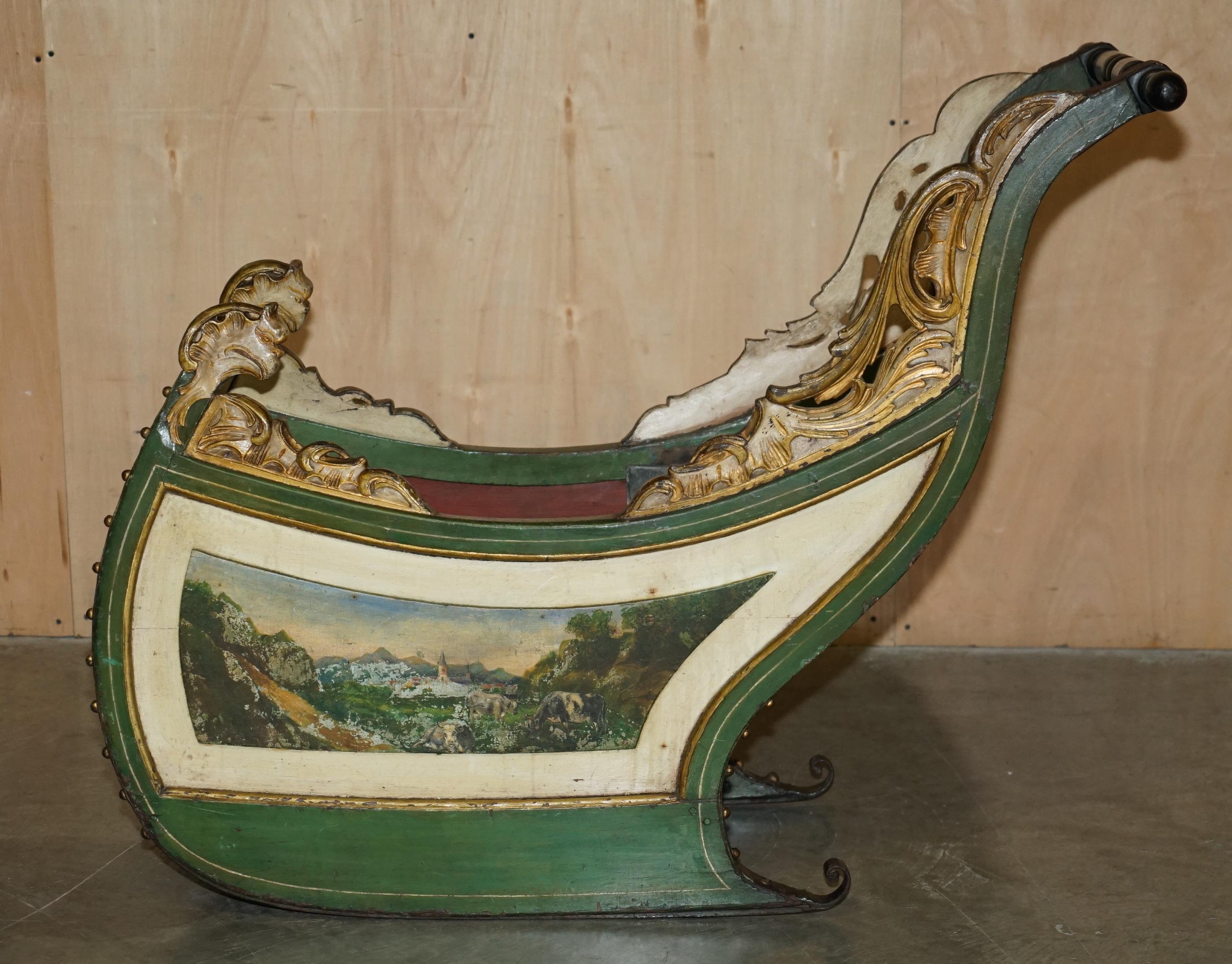 Mid-19th Century ORIGINAL ANTIQUE DUTCH HAND PAINTED & PARCEL GILT CHILDREN's SLEIGH ZINC LINED For Sale