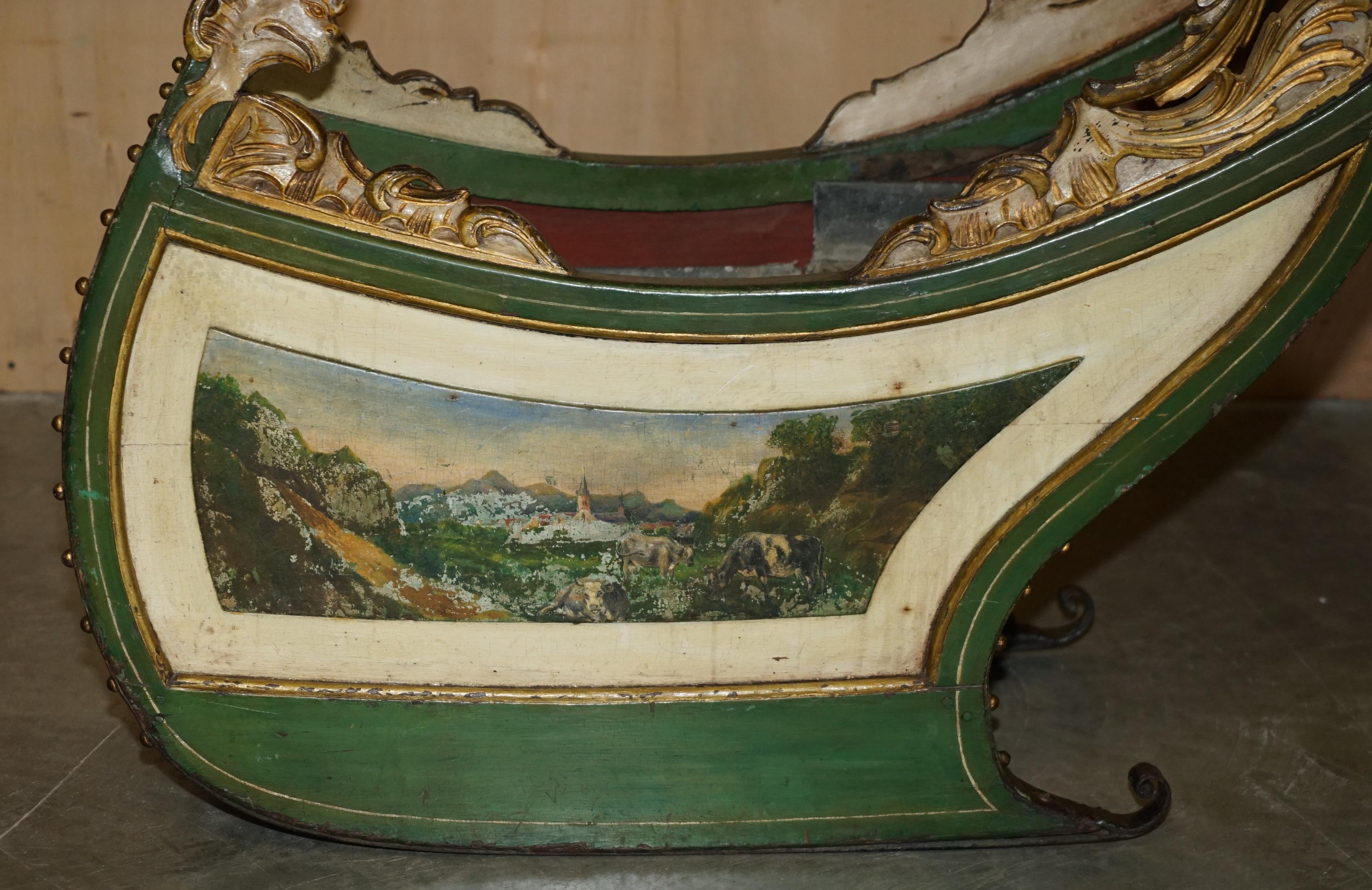 Zinc ORIGINAL ANTIQUE DUTCH HAND PAINTED & PARCEL GILT CHILDREN's SLEIGH ZINC LINED For Sale