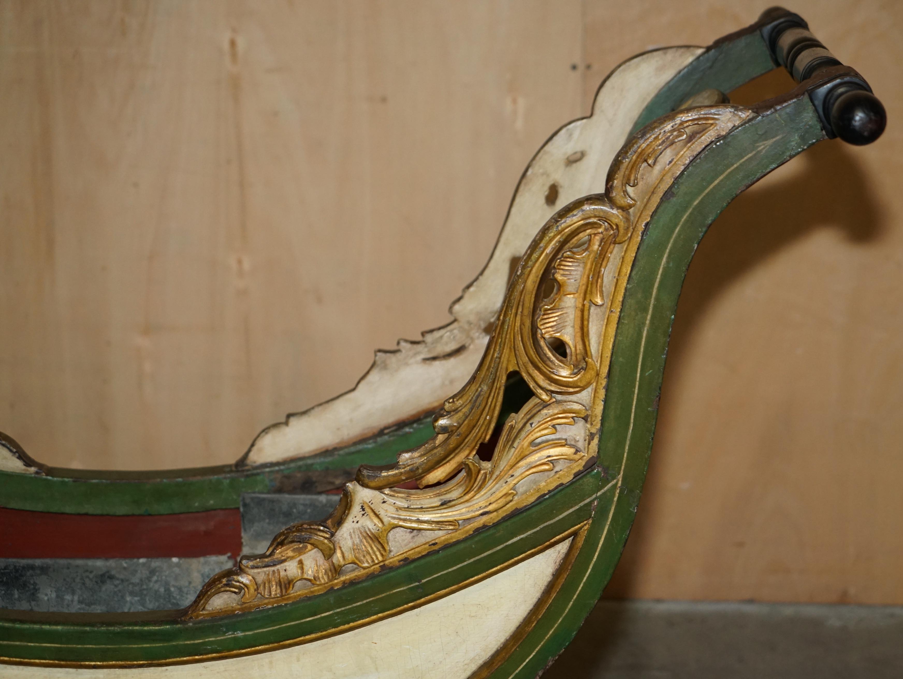 ORIGINAL ANTIQUE DUTCH HAND PAINTED & PARCEL GILT CHILDREN's SLEIGH ZINC LINED For Sale 1