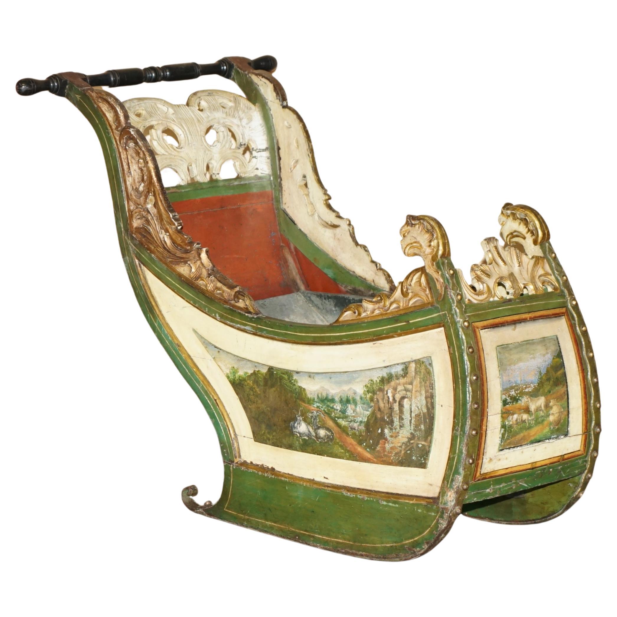 ORIGINAL ANTIQUE DUTCH HAND PAINTED & PARCEL GILT CHILDREN's SLEIGH ZINC LINED