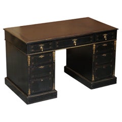 Original Antique Early Victorian Ebonised & Gilt Bronze Decorated Pedestal Desk