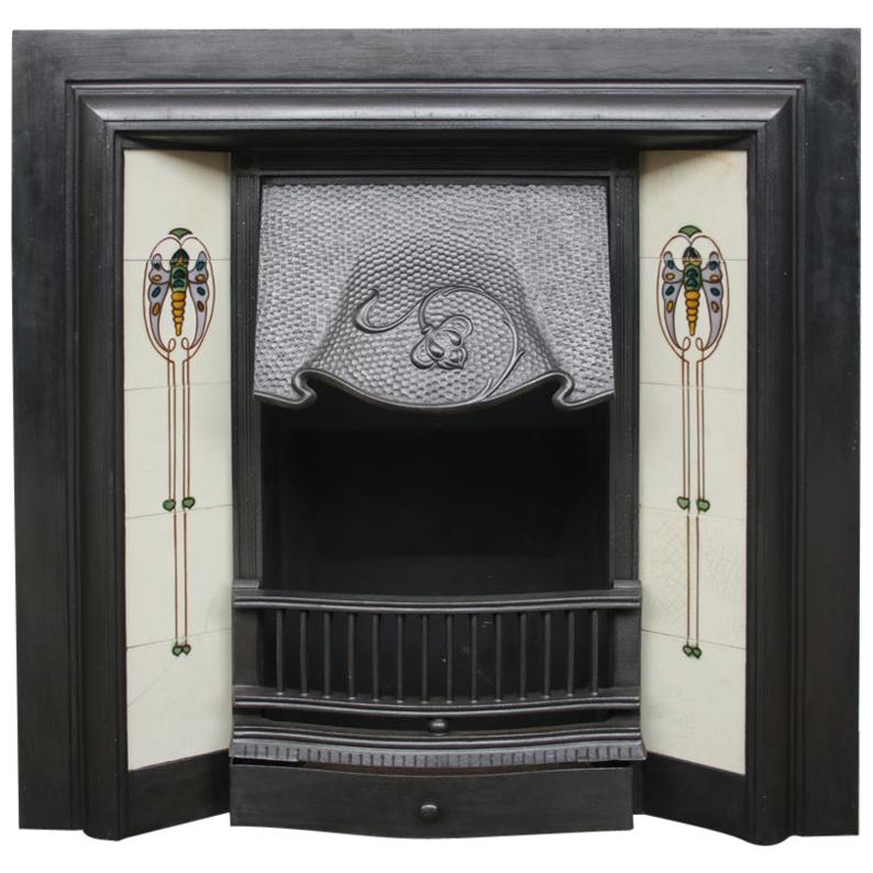 Original Antique Edwardian Art Nouveau Cast Iron Fireplace Insert