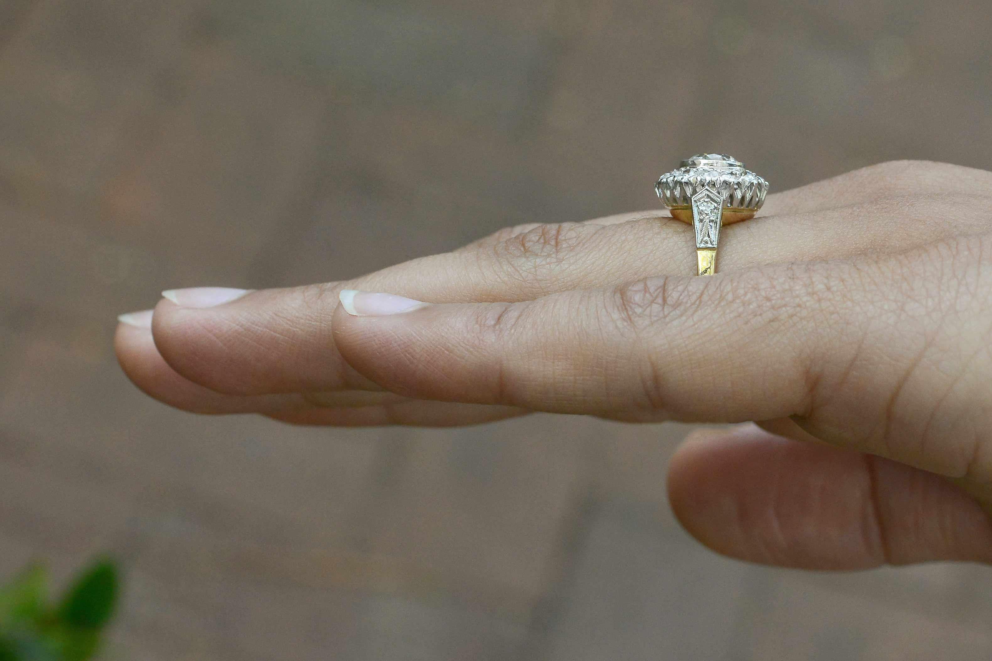 Original Edwardian Style Diamond Cluster Engagement Ring Old Mine Platinum In Good Condition In Santa Barbara, CA