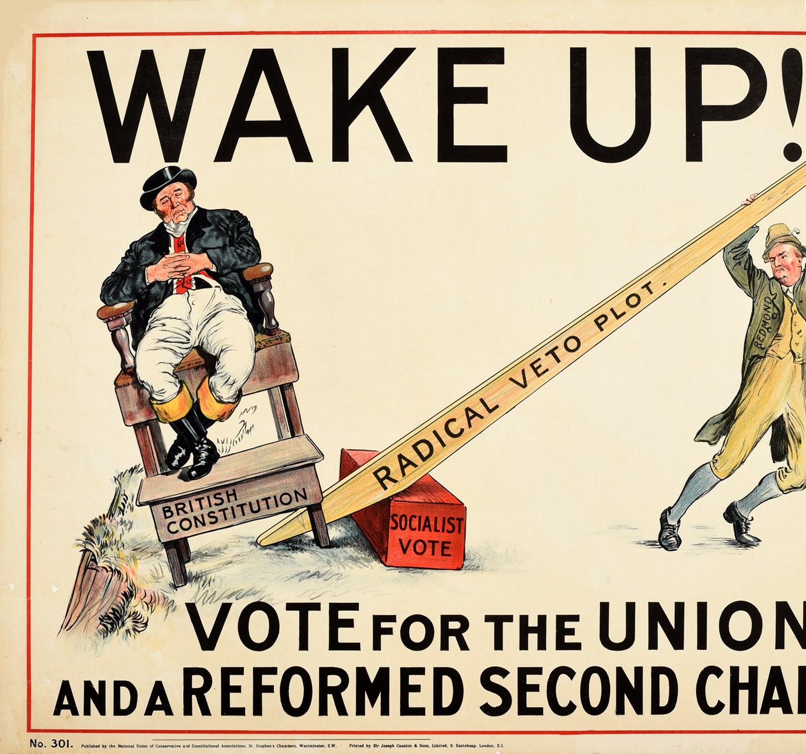 Original antique political election propaganda poster - Wake Up! Vote for the Unionist and a Reformed Second Chamber - featuring an illustration of John Bull wearing a waistcoat with a Union Jack flag on it, sitting relaxed on a wooden chair marked