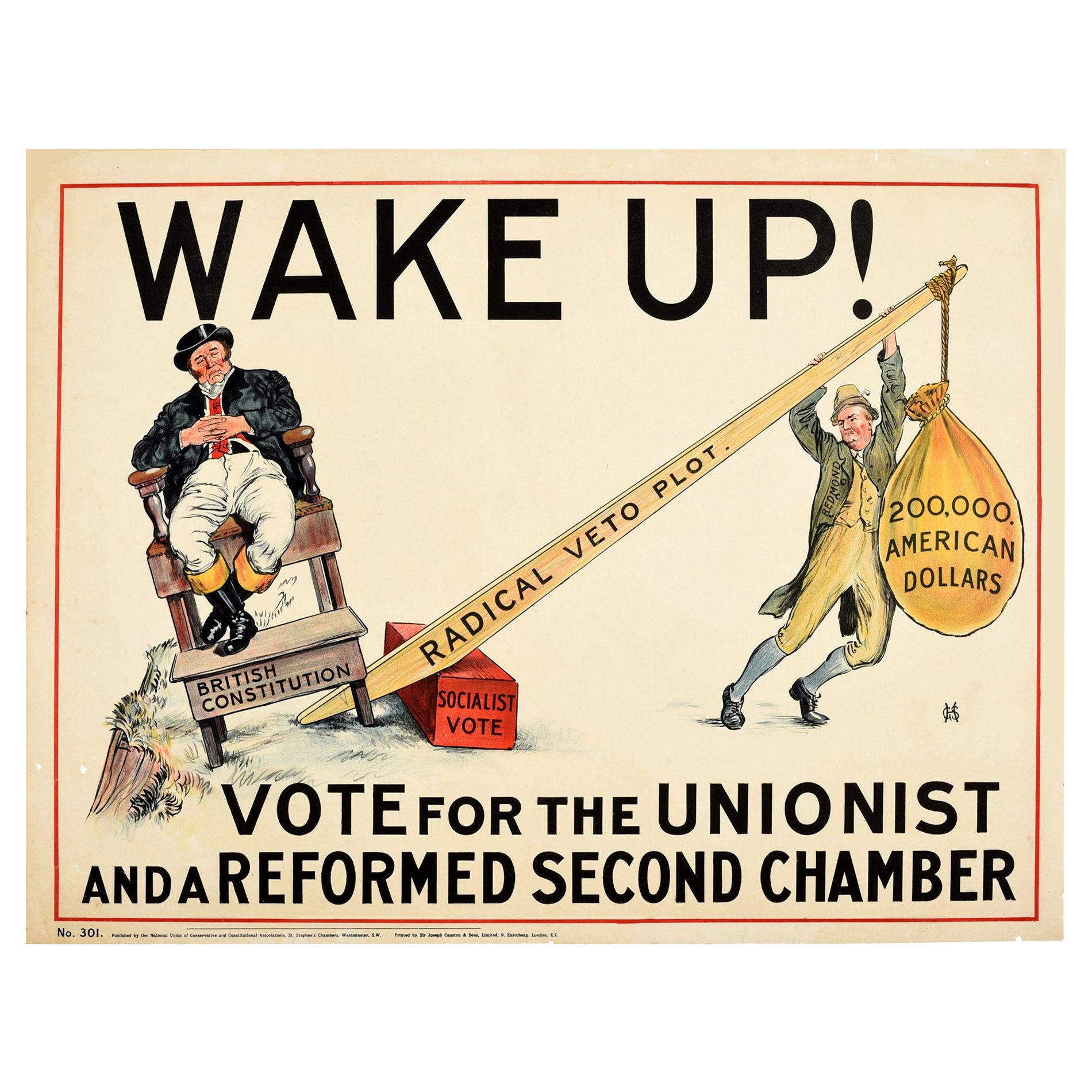 Affiche d'antiquités d'origine d'élection ancienne Wake Up Vote, Unionist Conservative John Bull