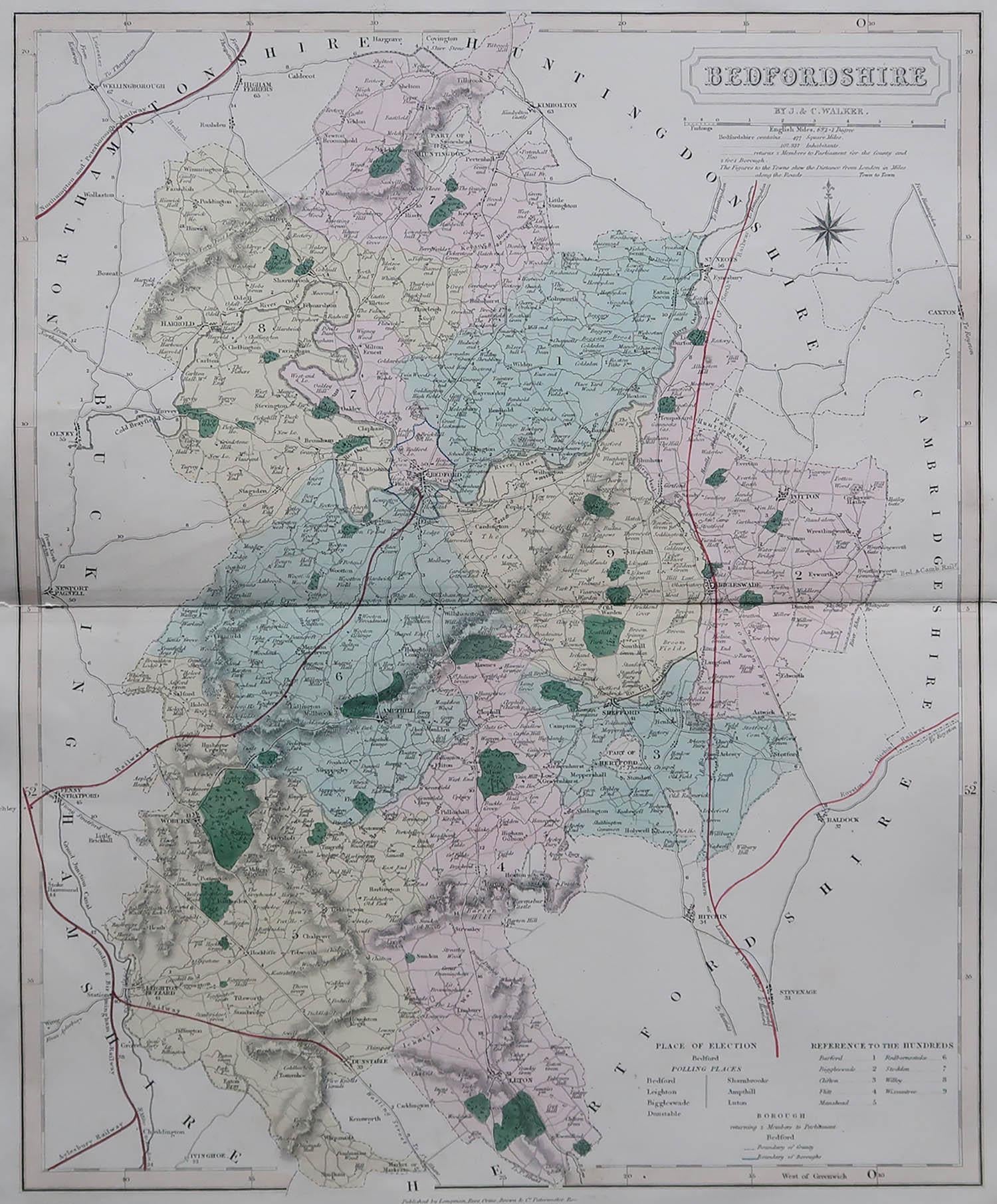 Great map of Bedfordshire

Original colour

By J & C Walker

Published by Longman, Rees, Orme, Brown & Co. 1851

Unframed.




