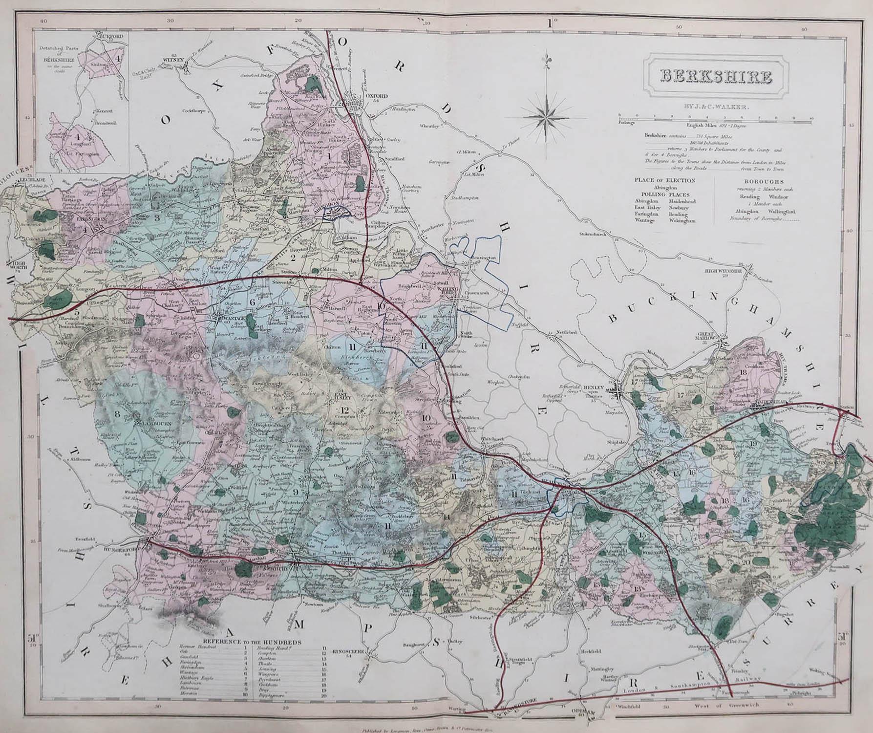 Great map of Berkshire

Original colour

By J & C Walker

Published by Longman, Rees, Orme, Brown & Co. 1851

Unframed.




