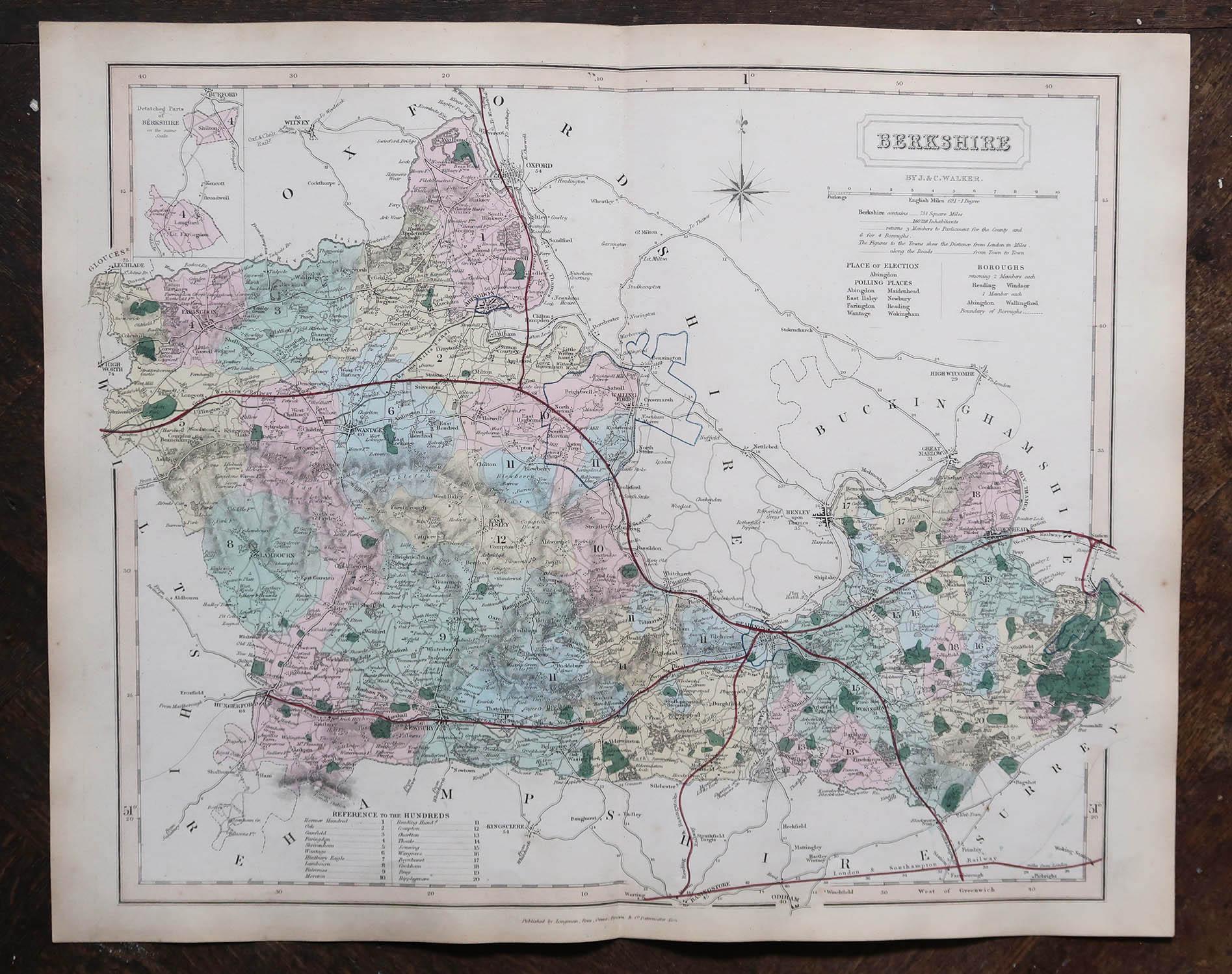 Mapa original antiguo del condado inglés de Berkshire. J & C Walker, 1851 Inglés