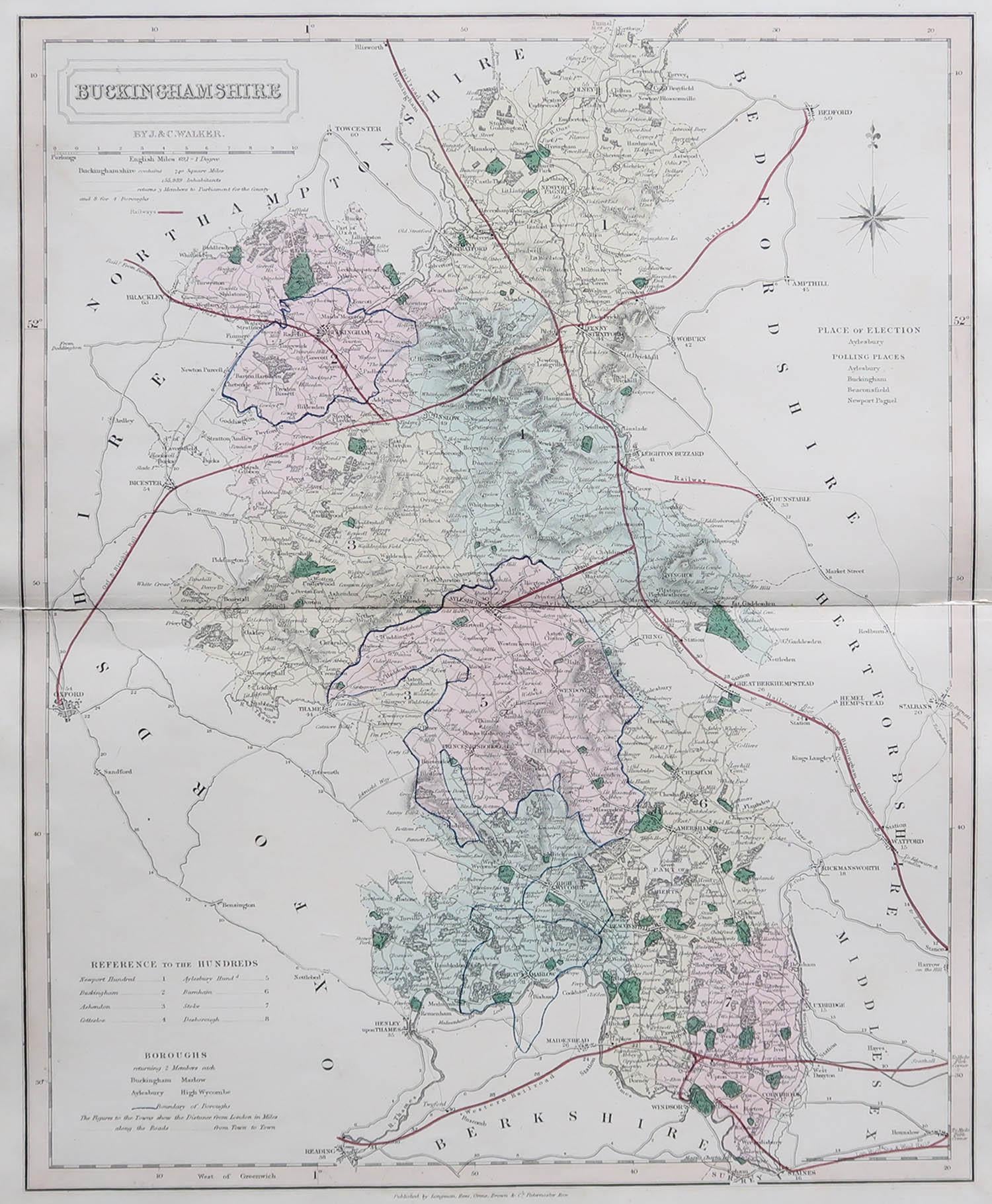 Great map of Buckinghamshire

Original colour

By J & C Walker

Published by Longman, Rees, Orme, Brown & Co. 1851

Unframed.




