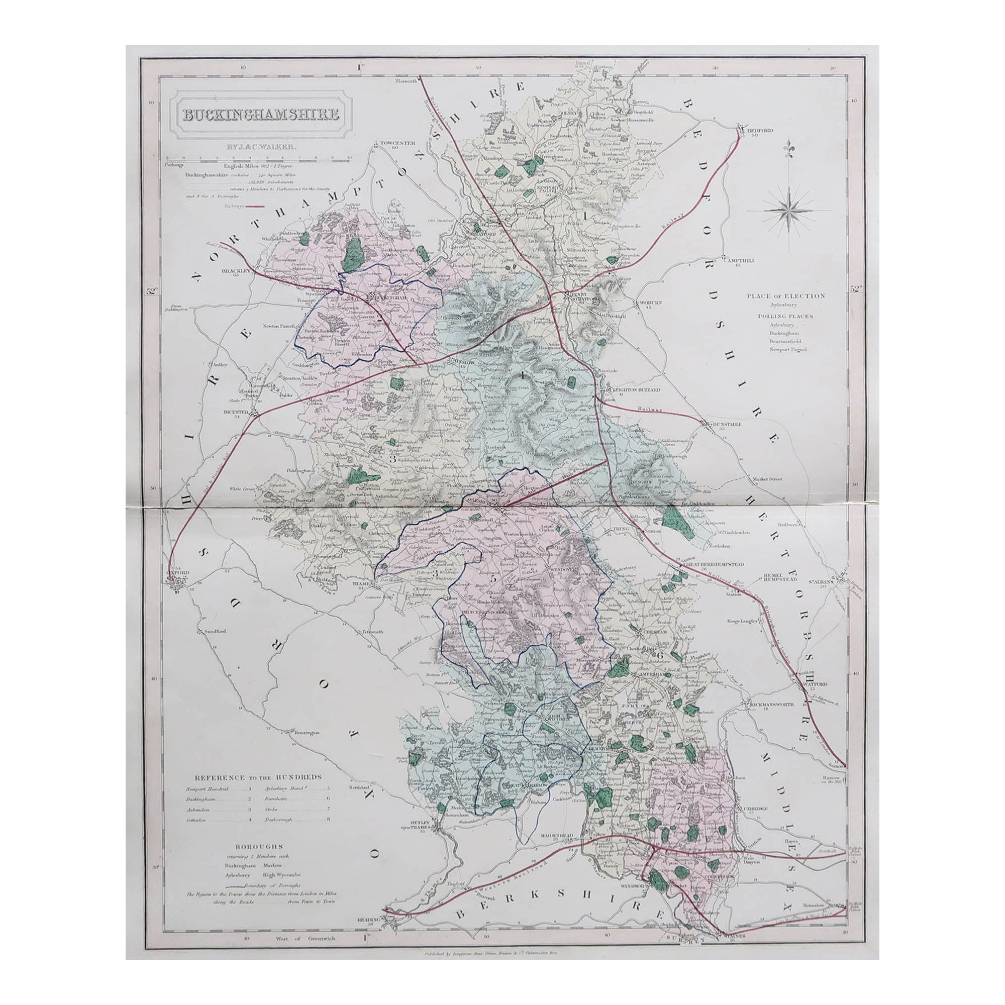 Mapa original antiguo del condado inglés de Buckinghamshire, J & C Walker, 1851