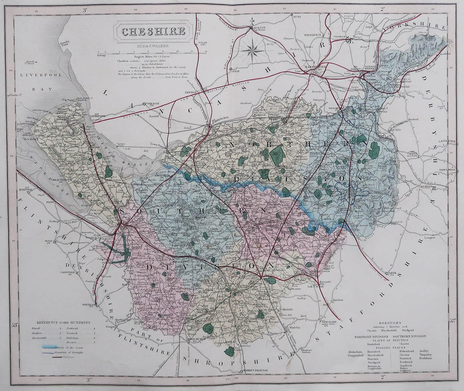 Great map of Cheshire

Original colour

By J & C Walker

Published by Longman, Rees, Orme, Brown & Co. 1851

Unframed.




